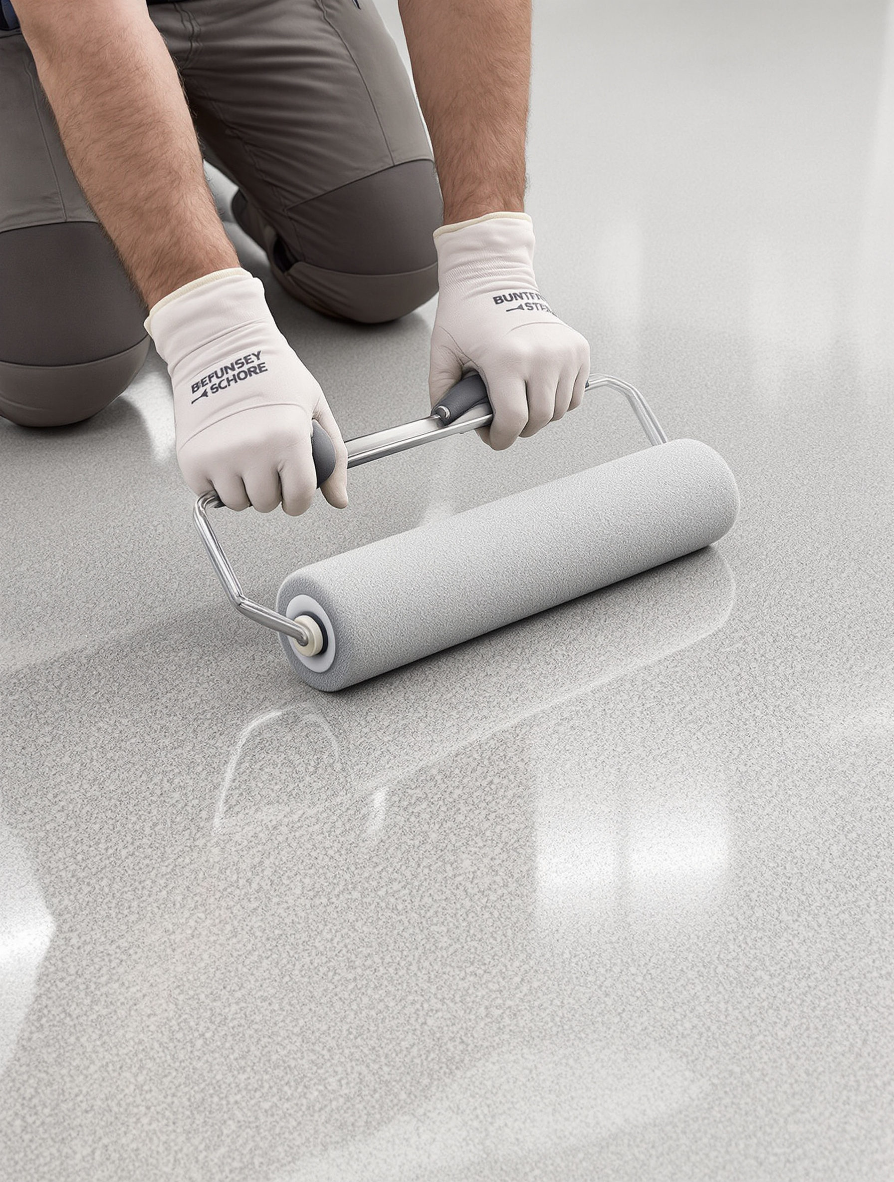 Un applicateur professionnel agenouillé sur un sol en béton préparé, appliquant une couche de résine polyuréthane transparente avec un rouleau à poils courts. L'action est nette, montrant la technique de l'application uniforme.