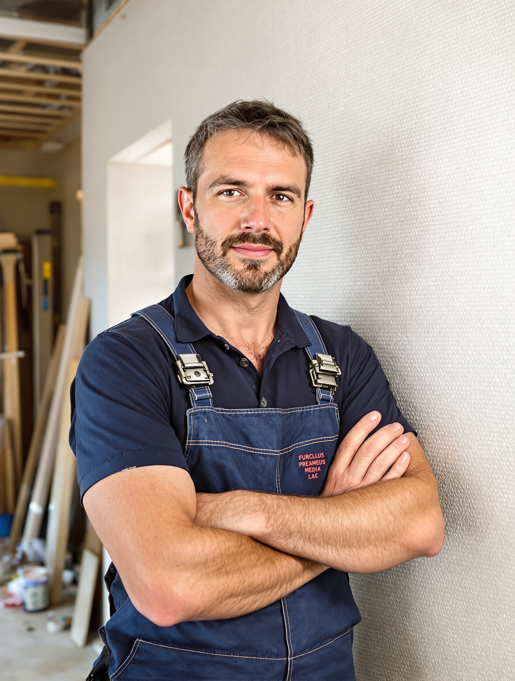 Artisan du BTP répondant franchement devant un mur en fibre de verre