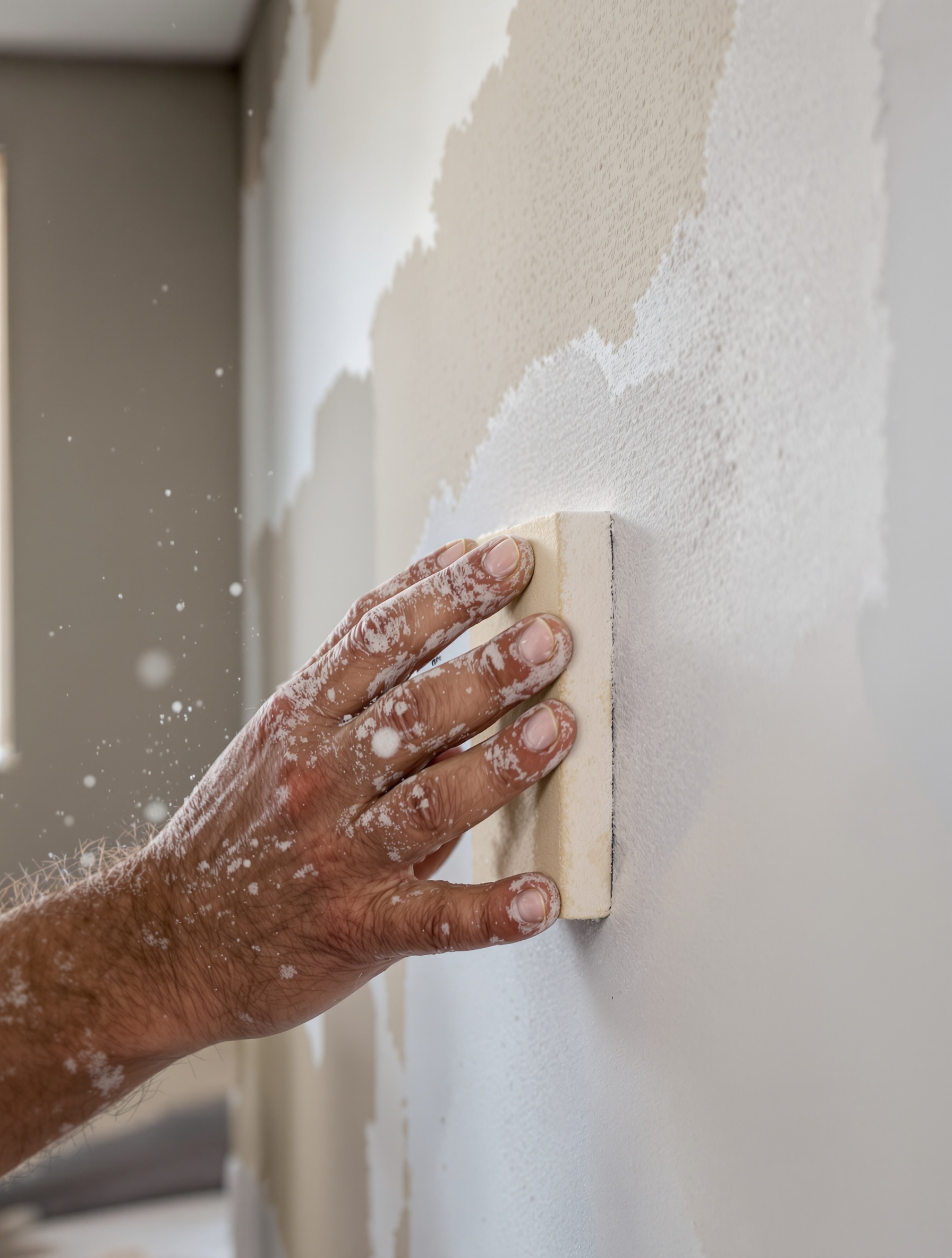 Un artisan utilisant un bloc de ponçage pour lisser un mur après application d'enduit de rebouchage, mettant en évidence la nécessité d'une surface plane avant la pose de fibre de verre.