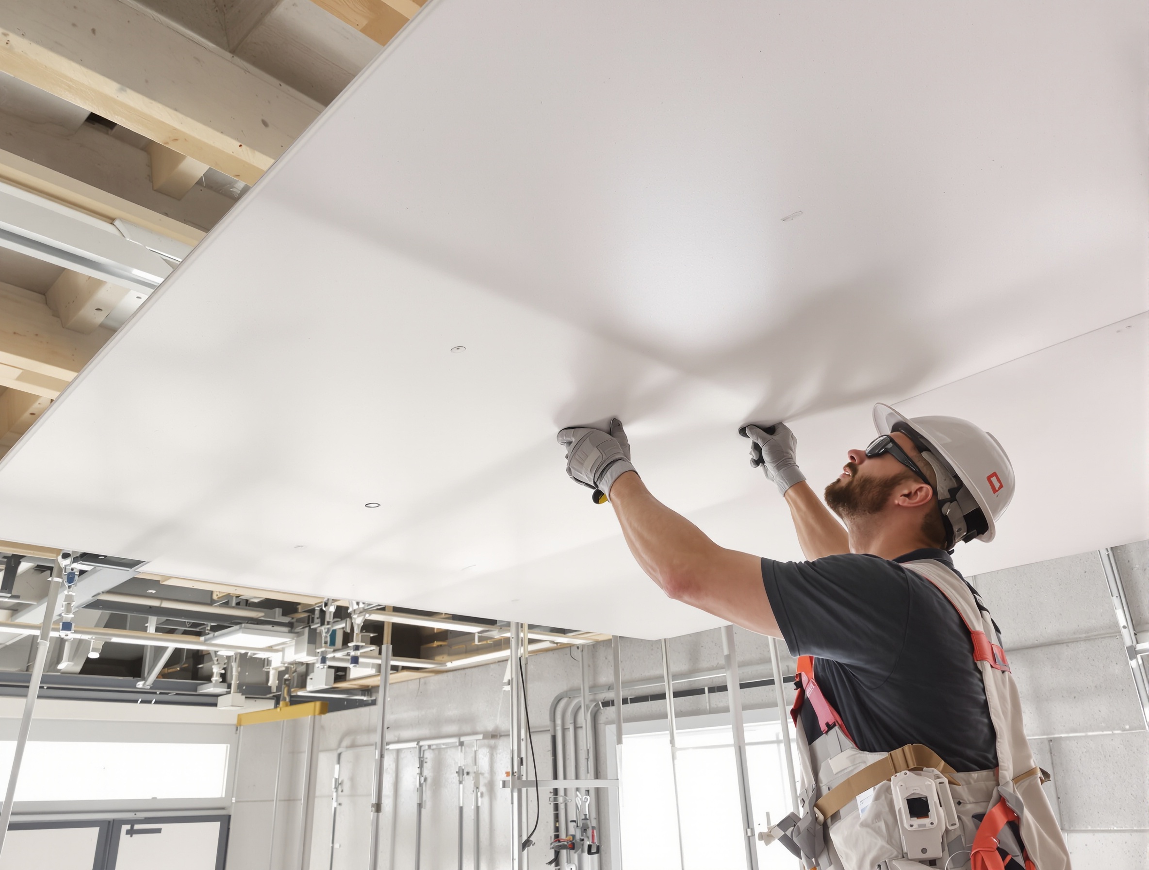 Pose finale d’un faux plafond sur hourdis brique dans un chantier professionnel