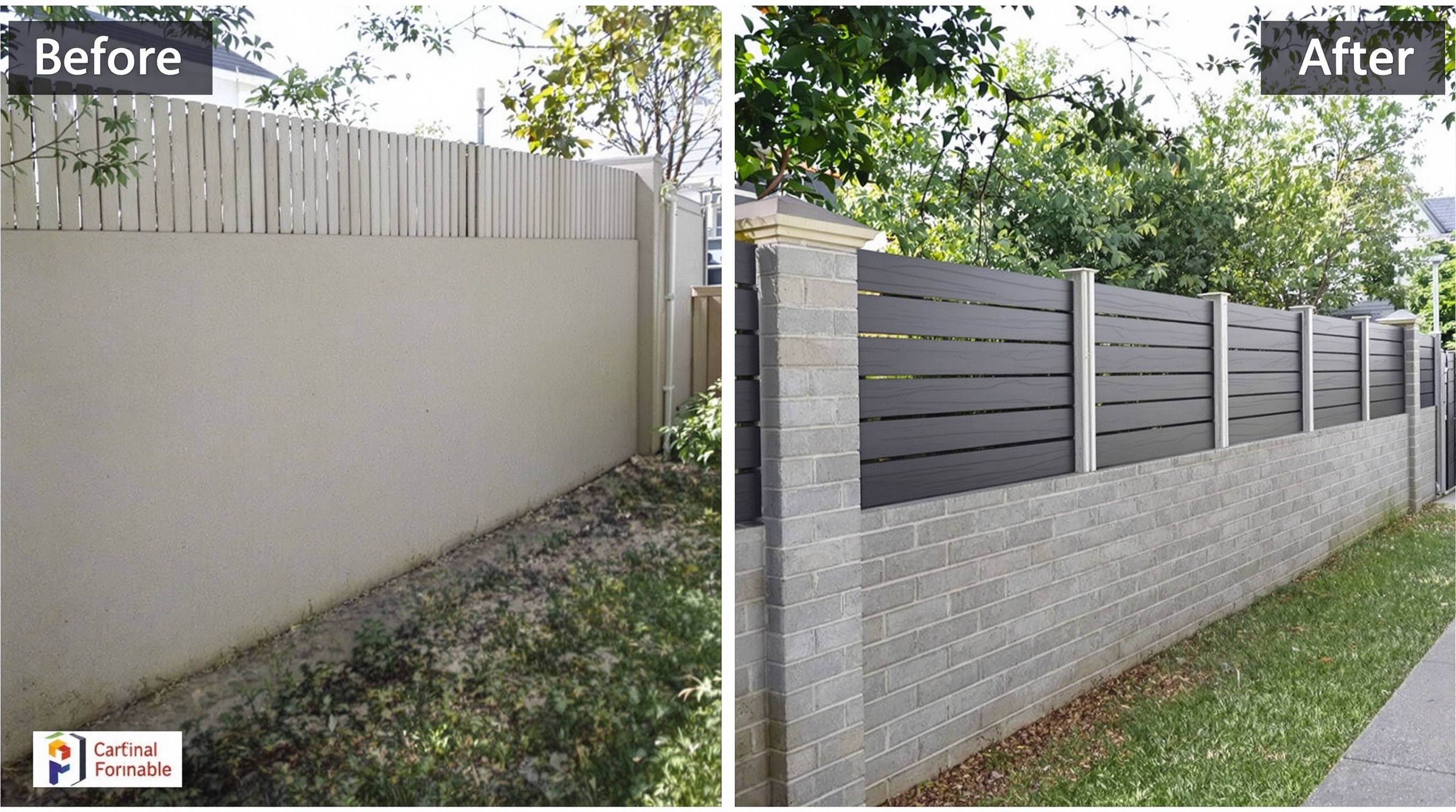 Photo montage avant-après d'une clôture composite sur muret, illustrant le gain esthétique et la transformation moderne dans un jardin résidentiel.