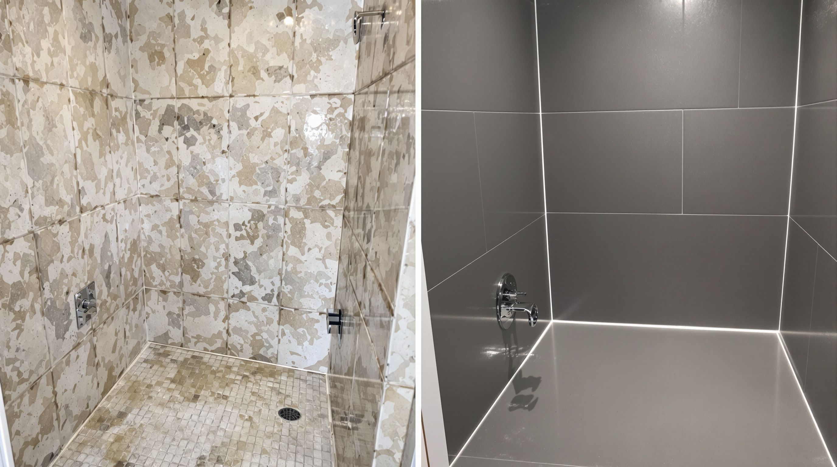 Avant / Après : Douche carrelée vieillotte transformée par une résine gris anthracite satinée. Résultat moderne, sans joints et parfaitement étanche.