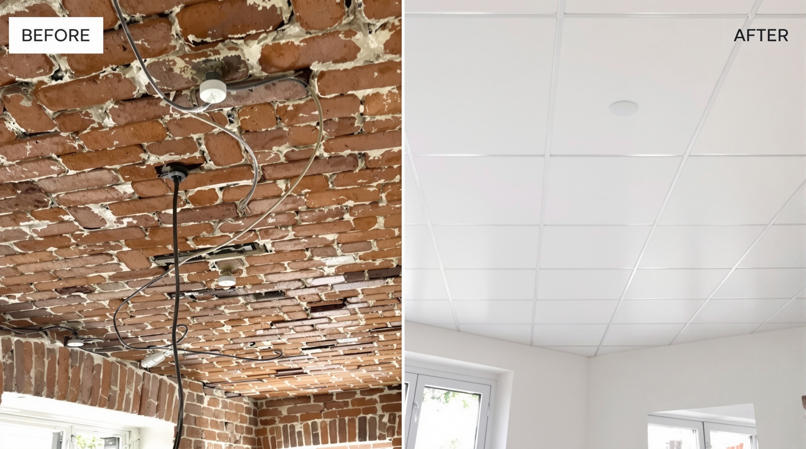 Exemple avant et après la pose d’un faux plafond sur hourdis brique