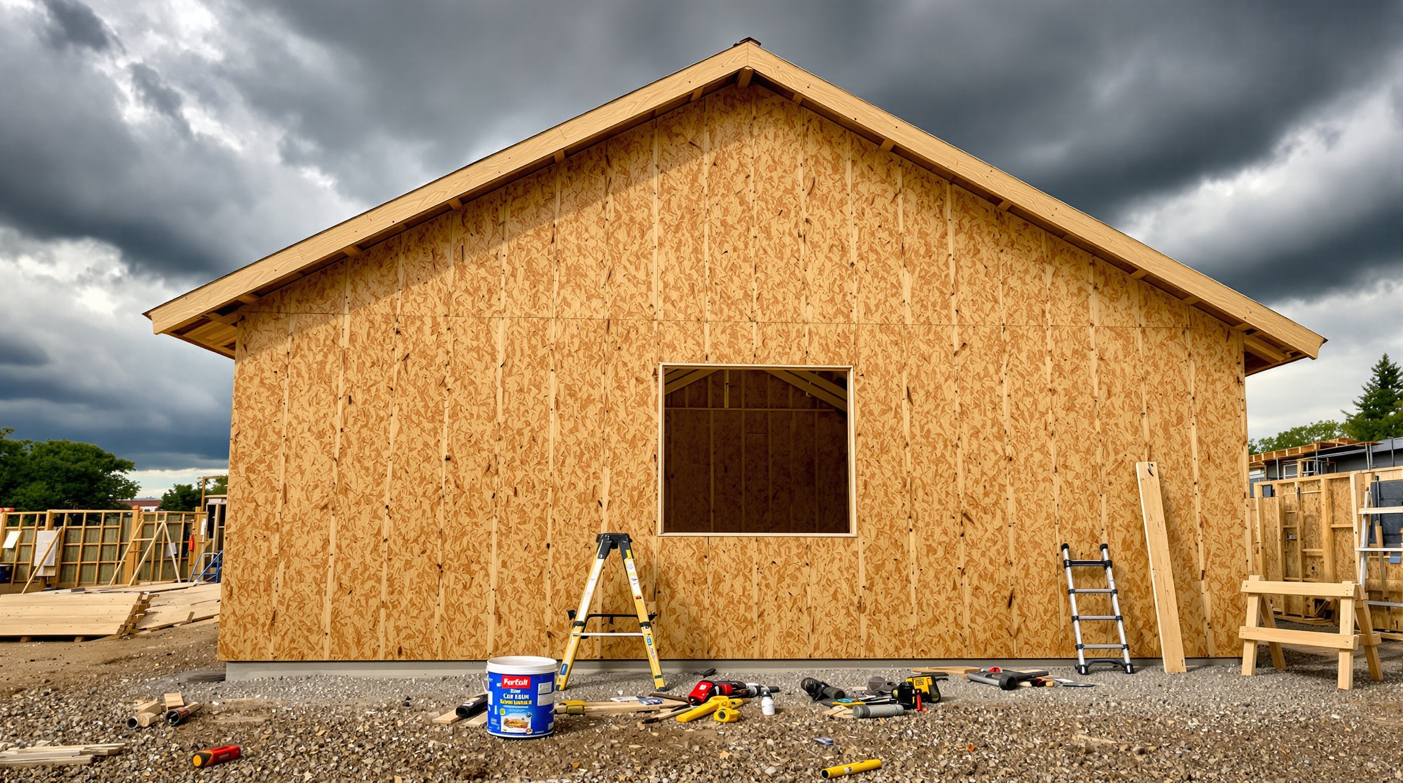 Chantier bois OSB protégé sérieusement contre pluie – pare-pluie posé, outils en action.
