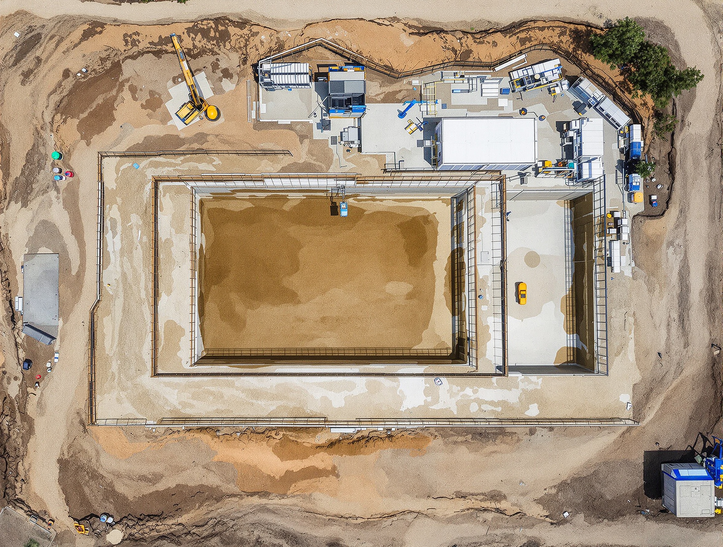 Vue aérienne d'un chantier piscine avec puits de décompression