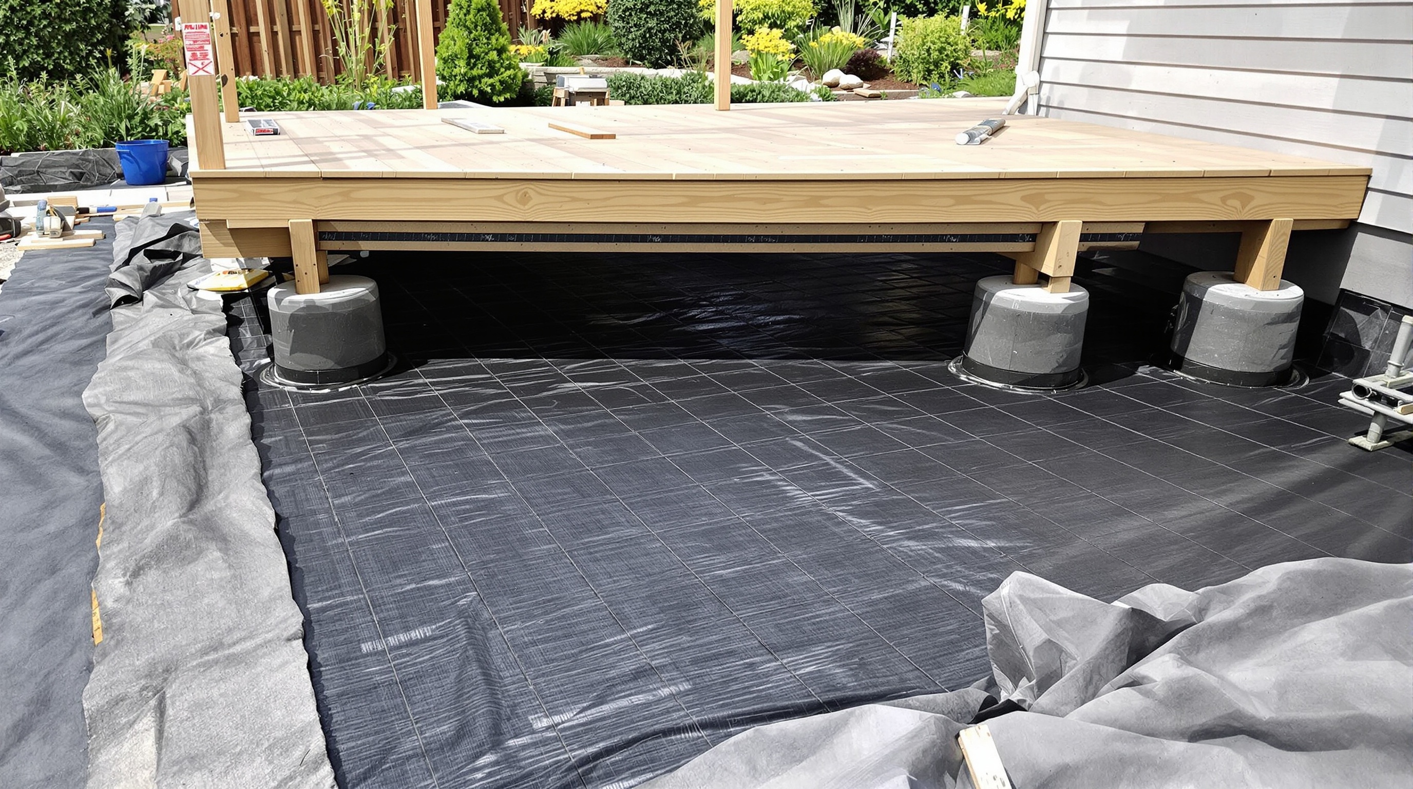 Terrasse composite en construction sur plots réglables posés sur sol stabilisé