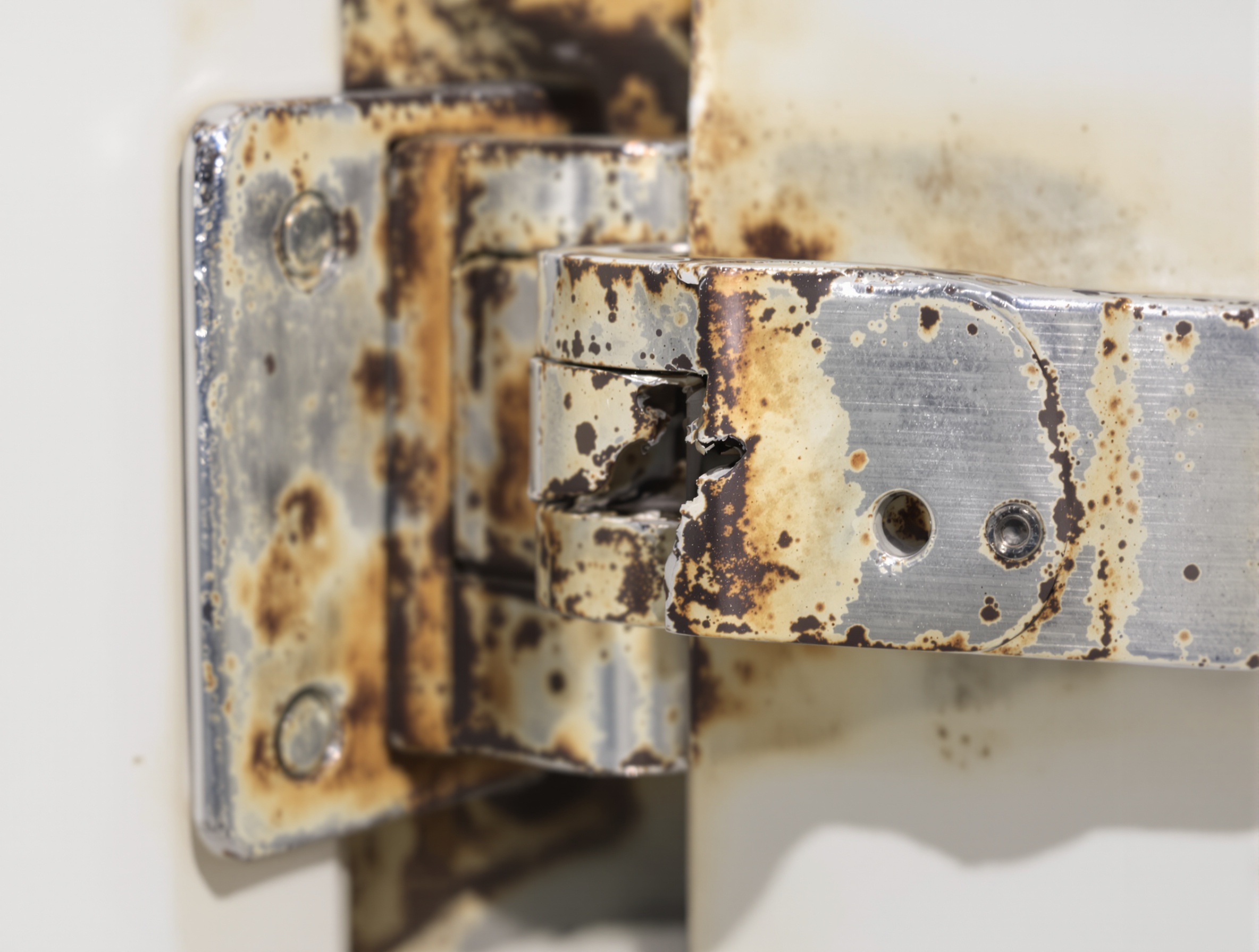 Charnière de porte de baignoire à porte usée par corrosion et calcaire.