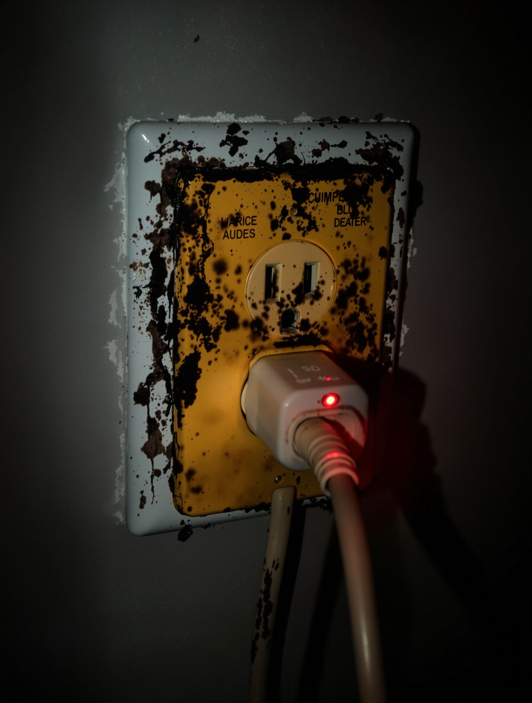 Image d’un chauffage d’appoint branché sur une vieille prise murale, prise légèrement noircie, ambiance risquée.