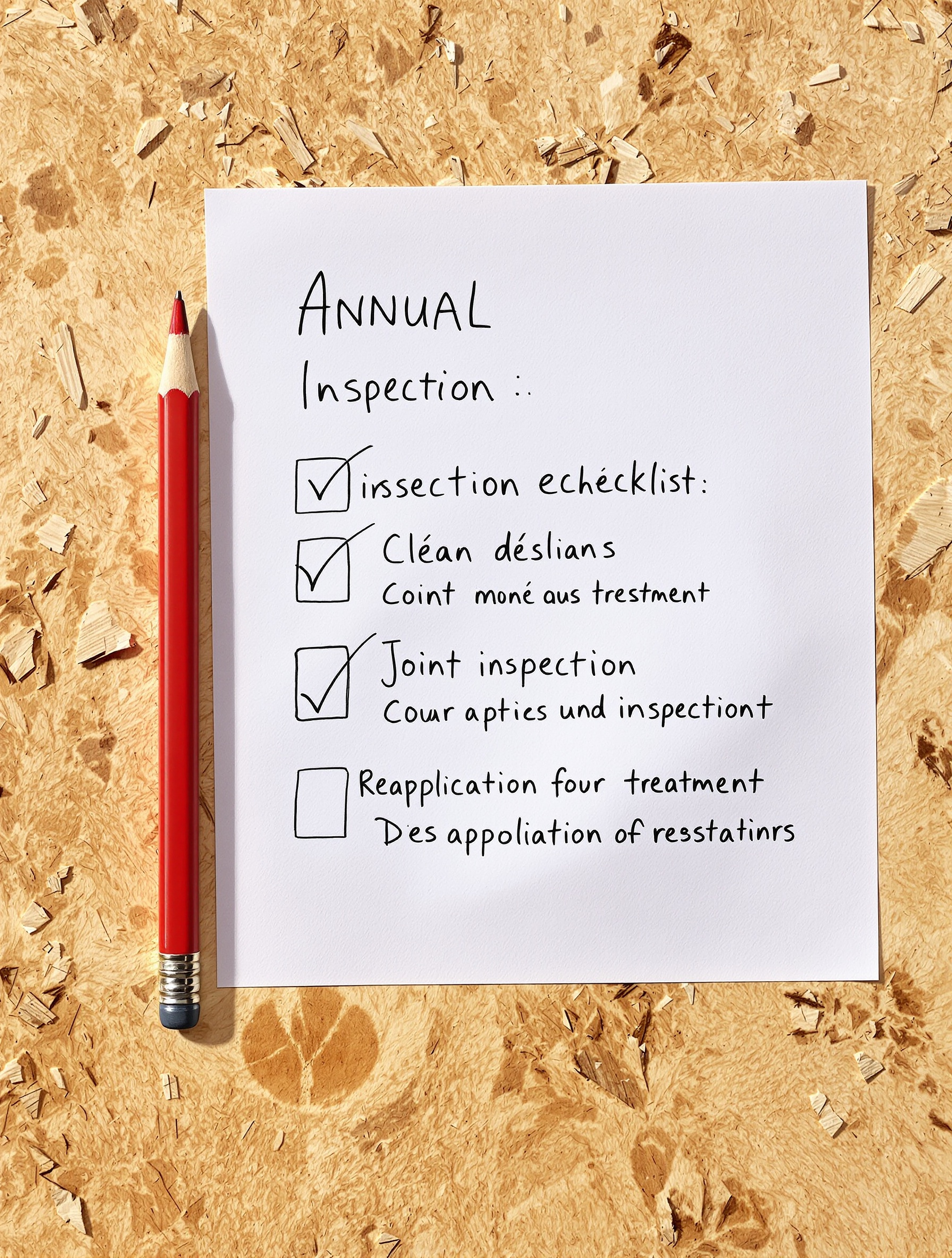 Checklist entretien annuel sur OSB extérieur – points cochés et crayon charpentier.