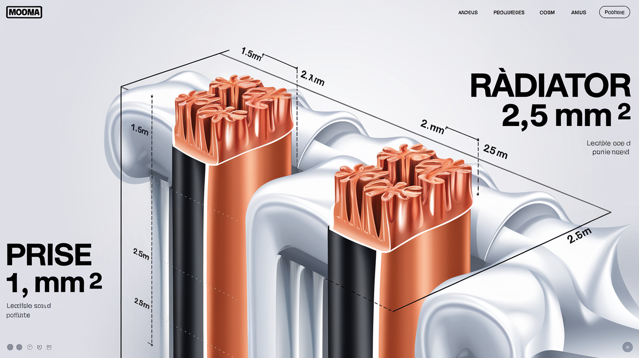 Illustration comparant la section d'un câble électrique standard pour une prise et celle d'un câble adapté pour un radiateur, mettant en évidence la différence de diamètre.
