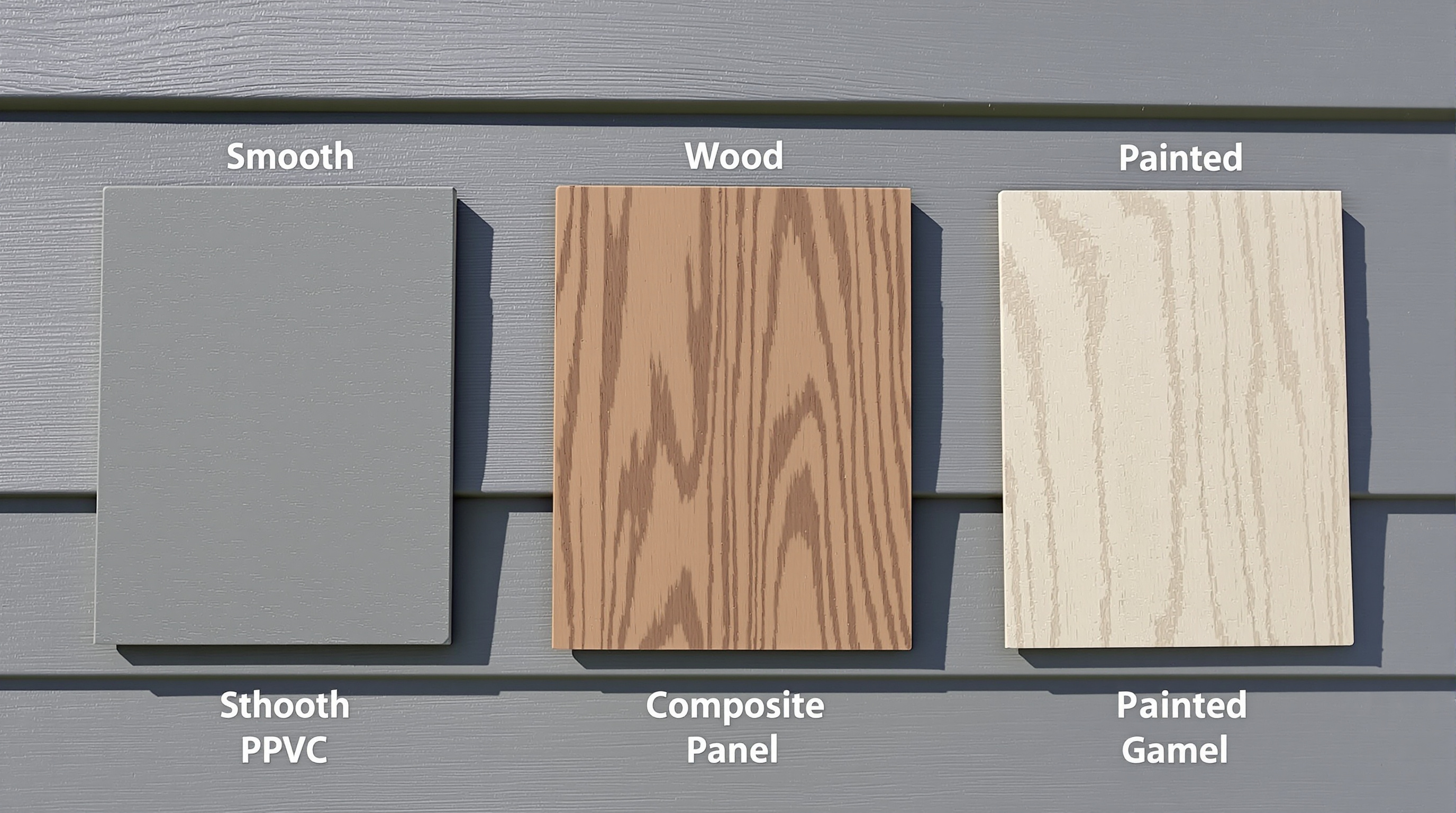 Comparatif bardage gris anthracite : échantillons PVC lisse, composite veiné et bois peint