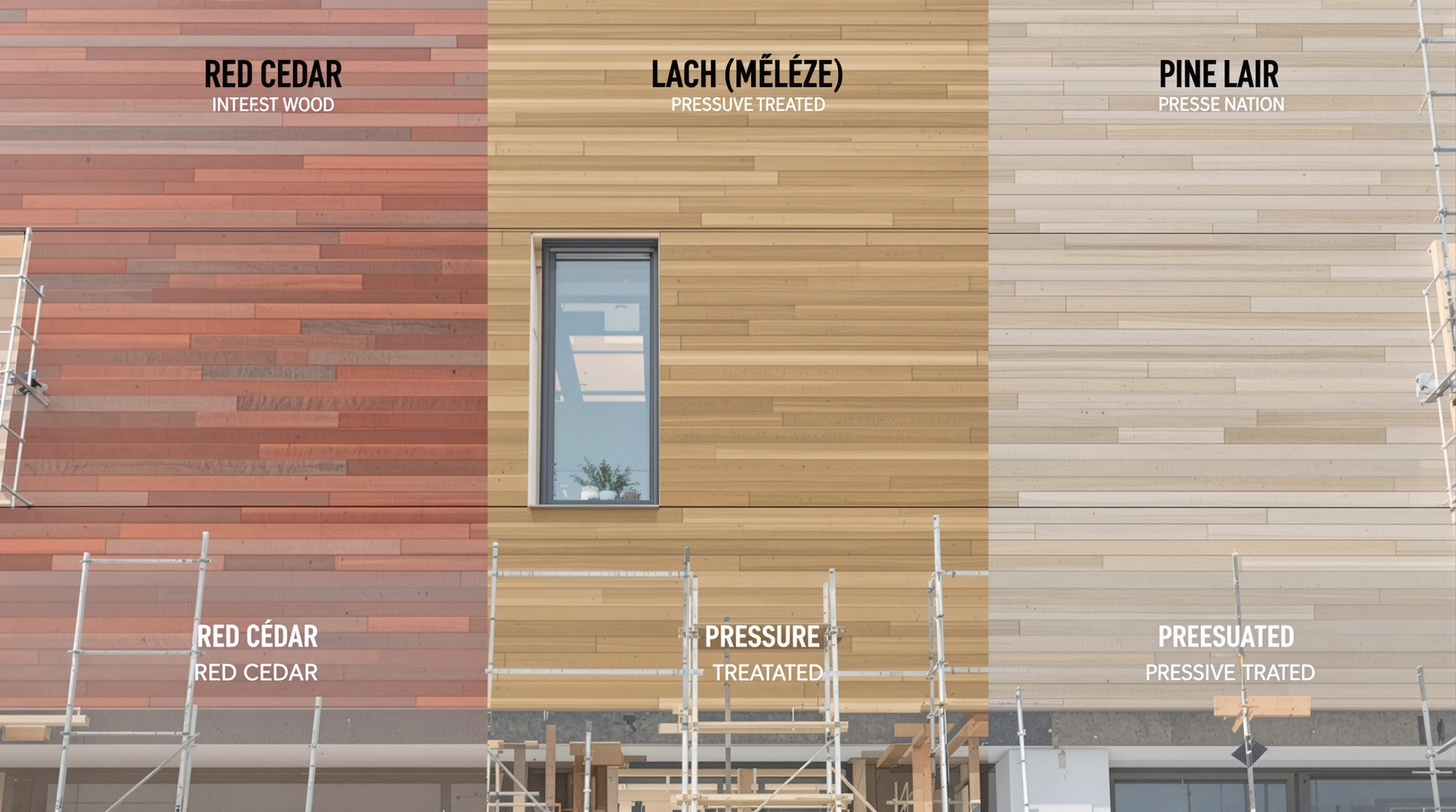 Comparatif visuel Red Cedar vs Mélèze vs Pin autoclave