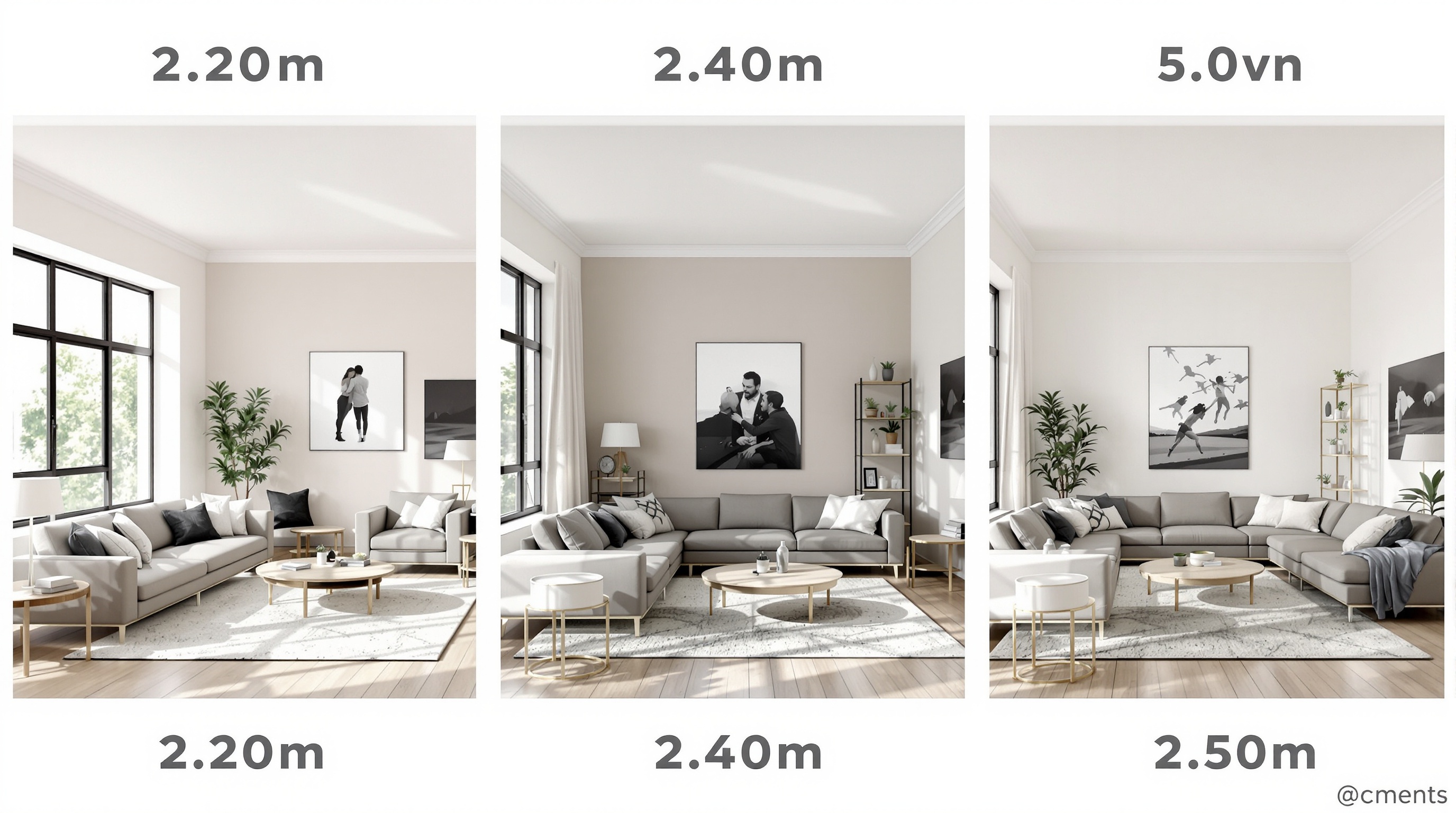 Comparatif visuel des hauteurs sous plafond : 2m20, 2m40 et 2m50