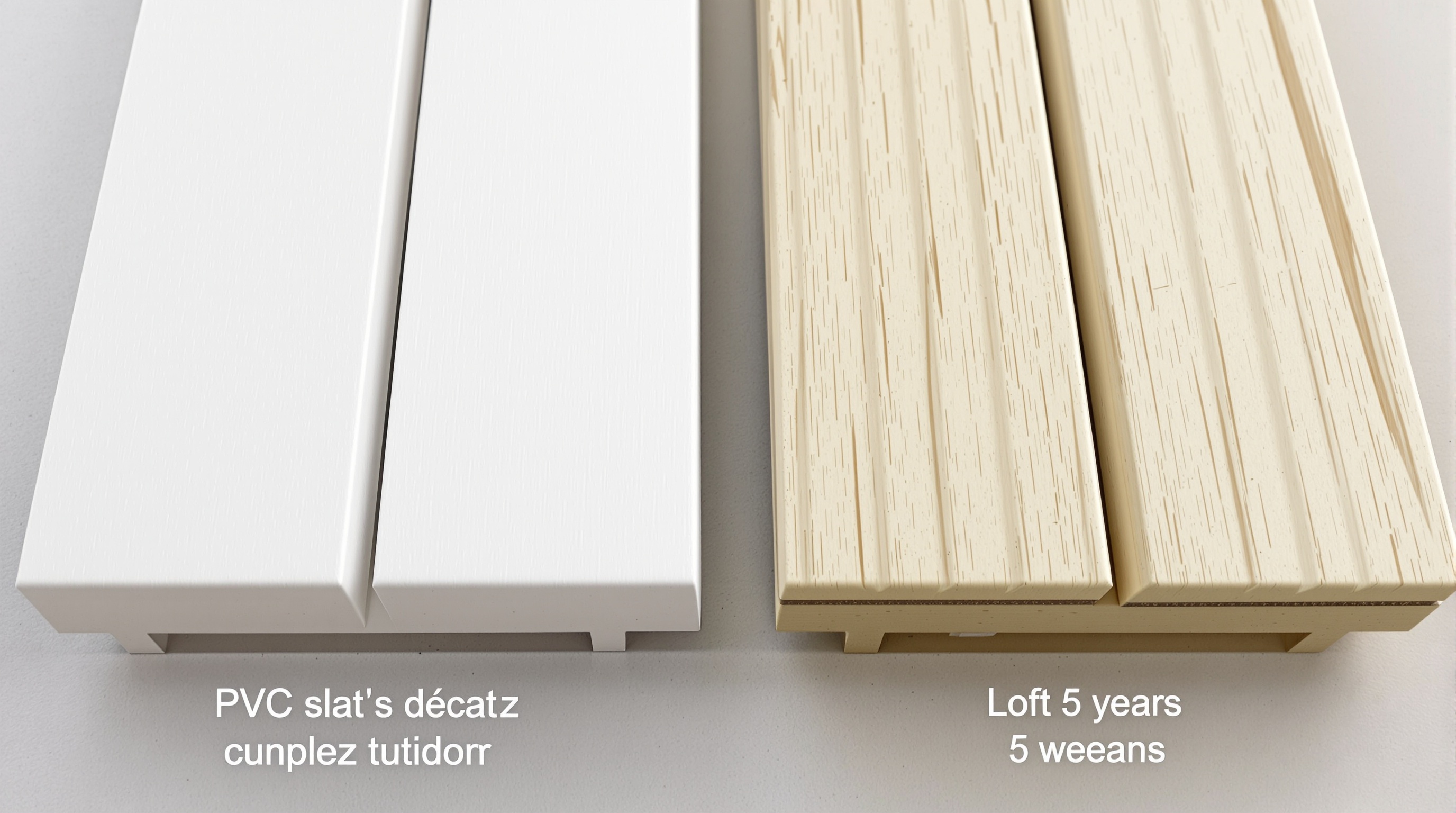 Impact du temps sur une lame PVC extérieure : comparaison neuf vs usé/jauni.