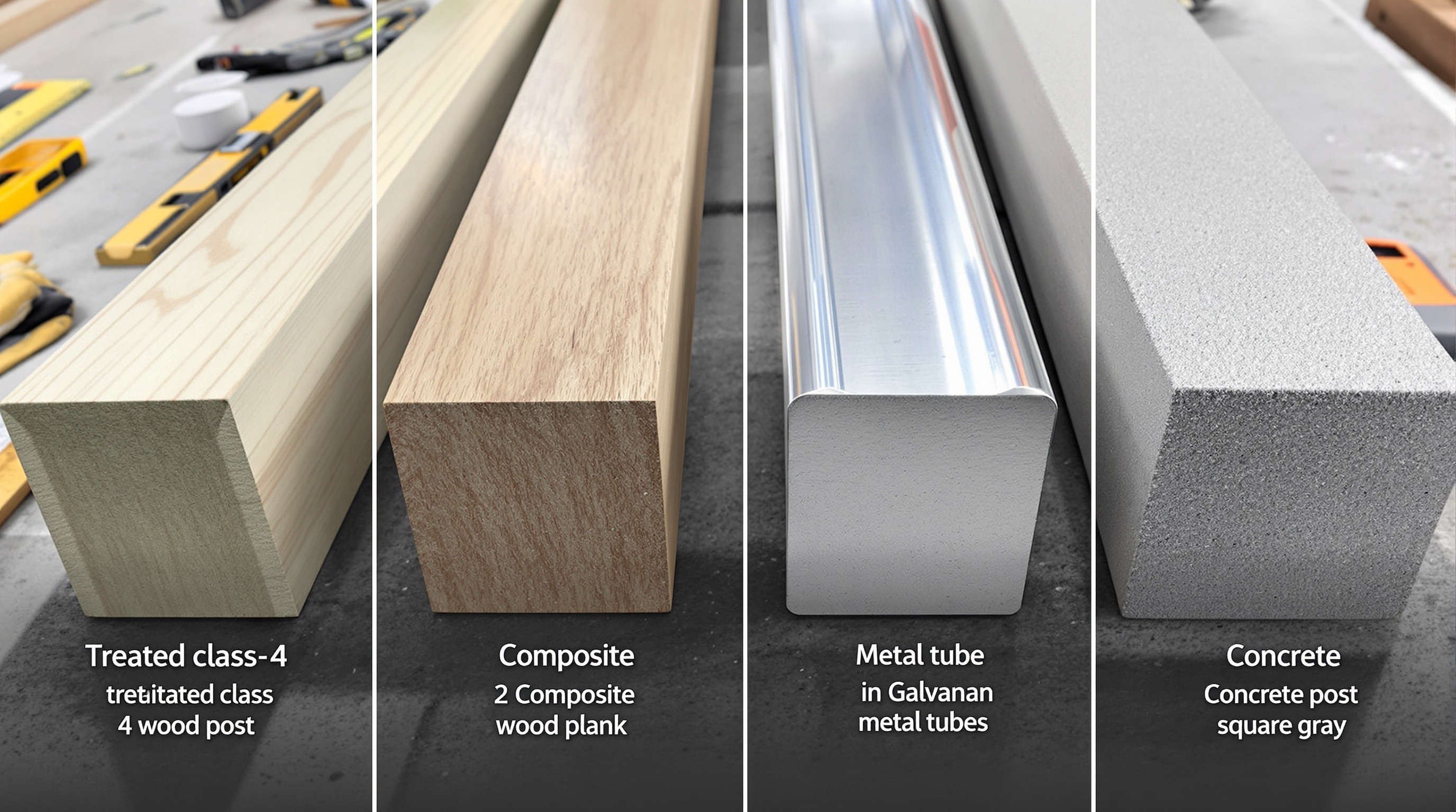 Comparatif des matériaux : bois traité classe 4, composite, métal et béton.