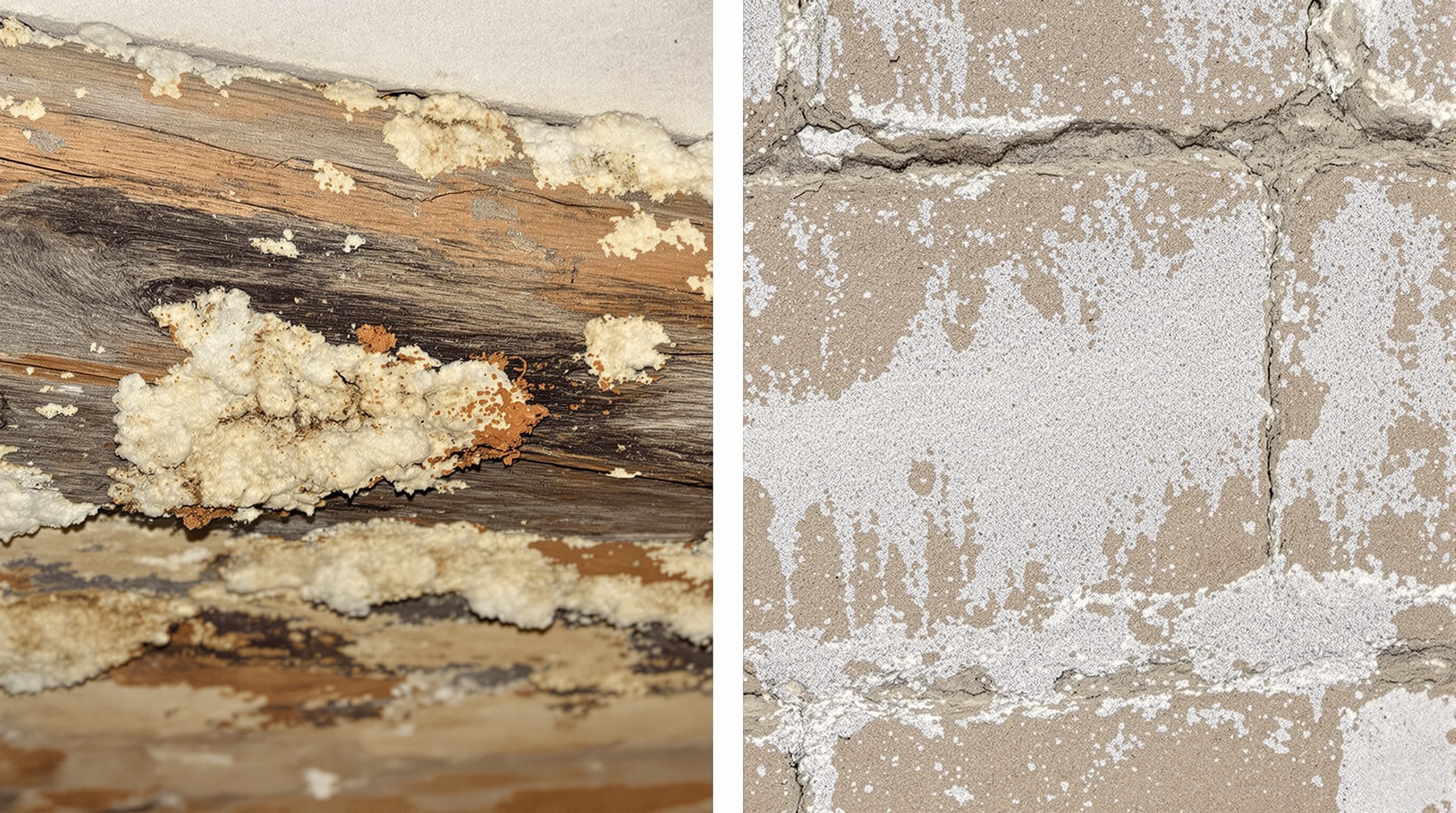 Comparatif mérule vs salpêtre sur un mur ancien.
