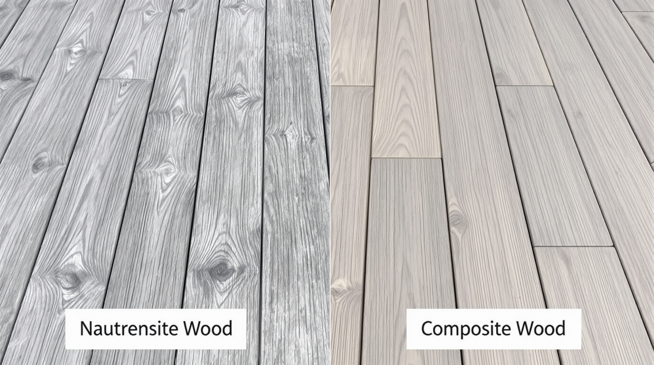 Comparaison visuelle entre une terrasse en bois naturel patinée avec le temps et une terrasse composite restée uniforme