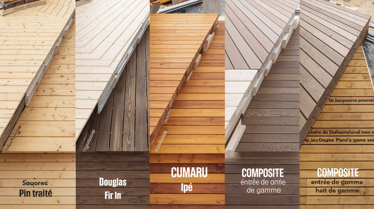 Comparatif visuel des différents types de terrasses bois et composite : Pin traité, Douglas, Ipé, Cumaru, Composite (entrée de gamme et haut de gamme), vue en extérieur