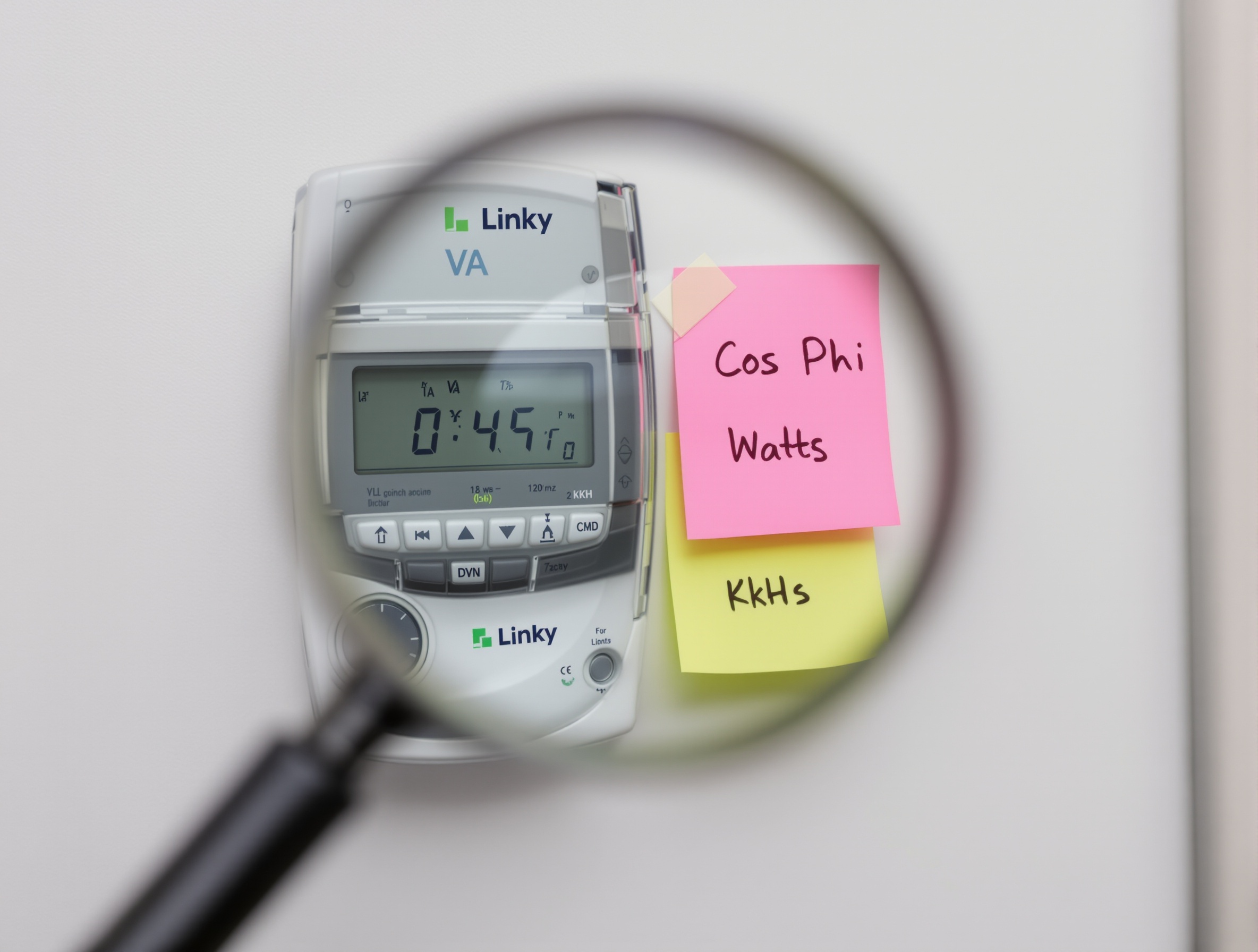 Schéma pédagogique expliquant le compteur Linky, VA, Cos Phi, Watts et kWh