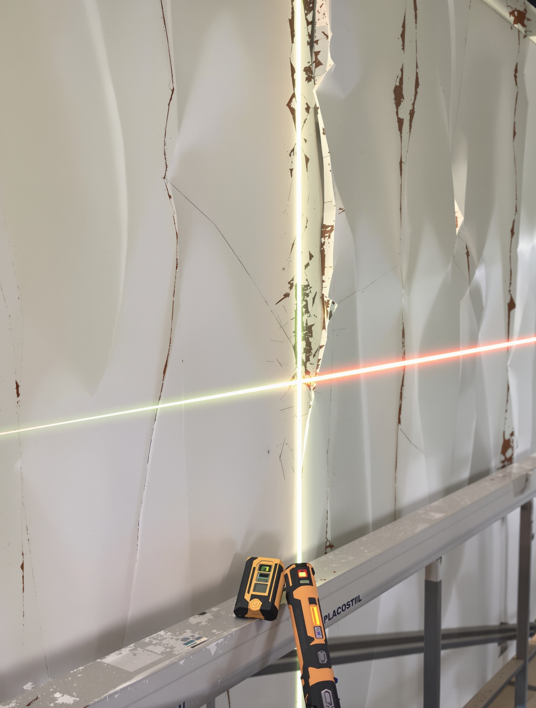 Défaut planéité cloison placostil joints gondolés niveau laser