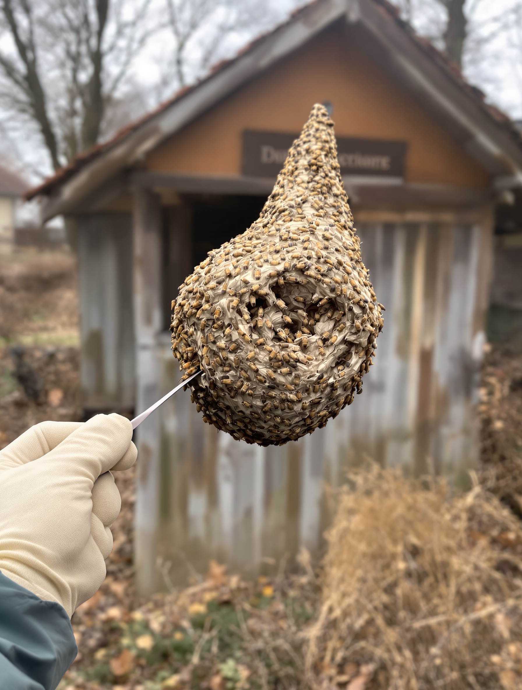 Déplacement respectueux d’un nid de guêpe maçonne vers un abri naturel.