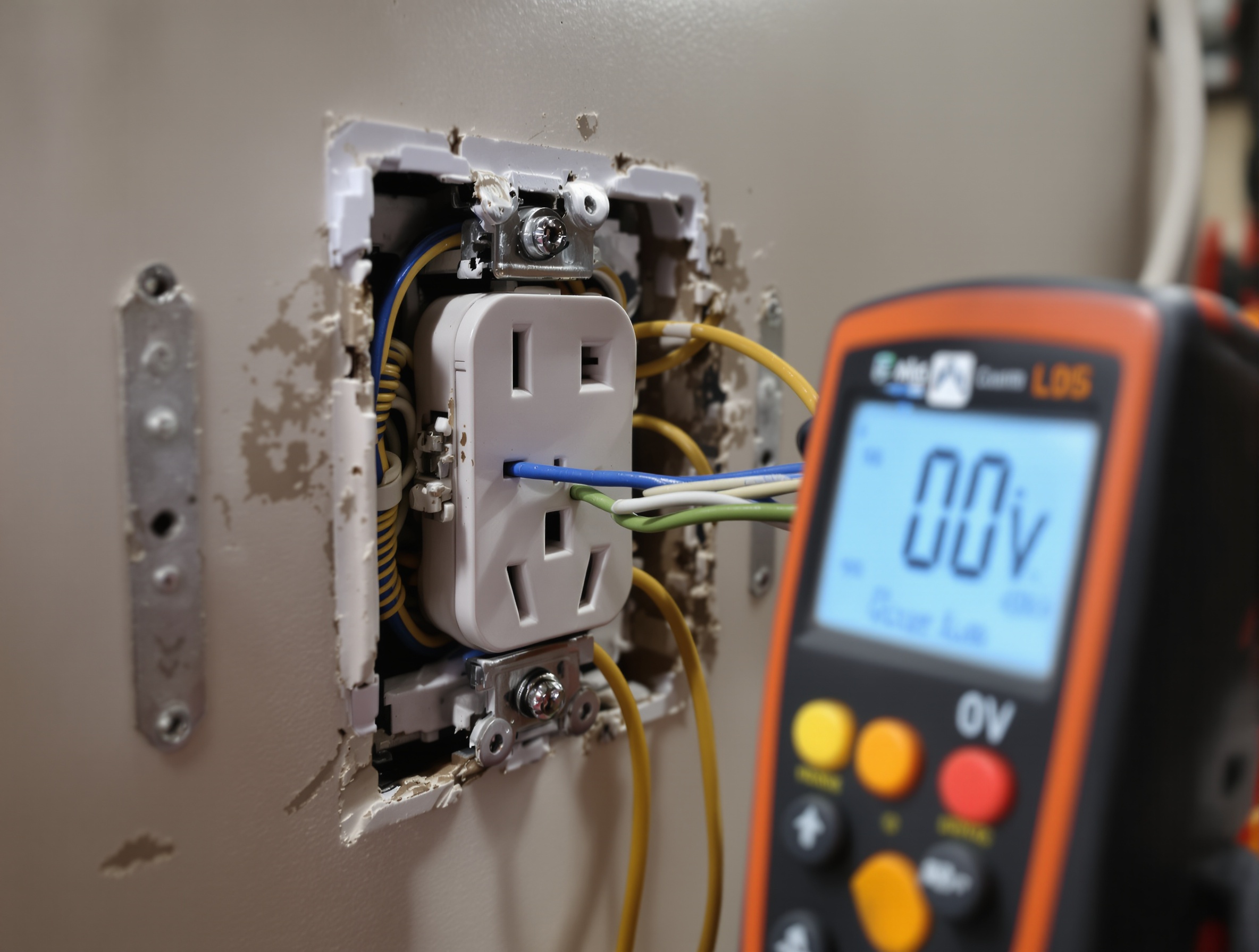 Vue en coupe d'une prise électrique montrant une mesure de tension neutre-terre proche de 0V