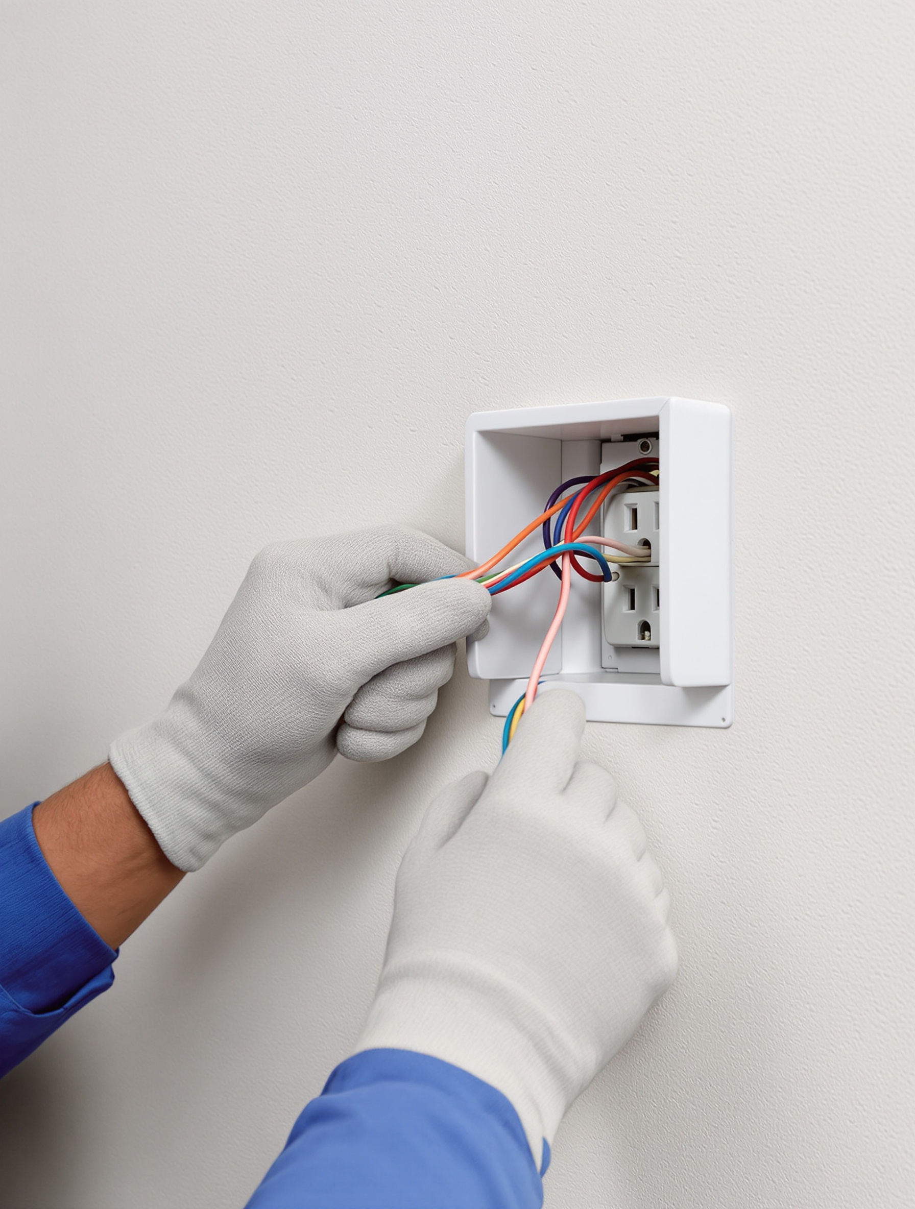 Un électricien en train de tirer un câble électrique de section adéquate dans une goulotte murale, prêt à être connecté à une prise radiateur.