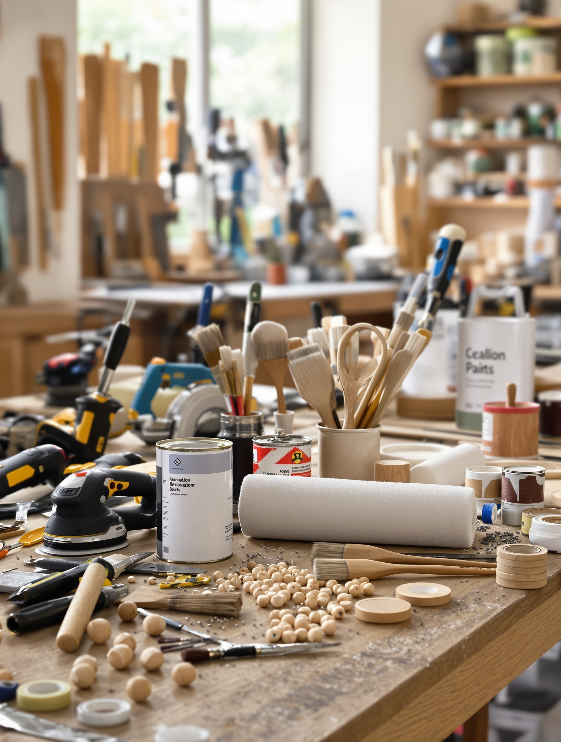 Établi avec outils et consommables pour la rénovation d'une porte vitrée, incluant scie à onglet, pinceaux, rouleau mousse, bombe de peinture et parcloses.