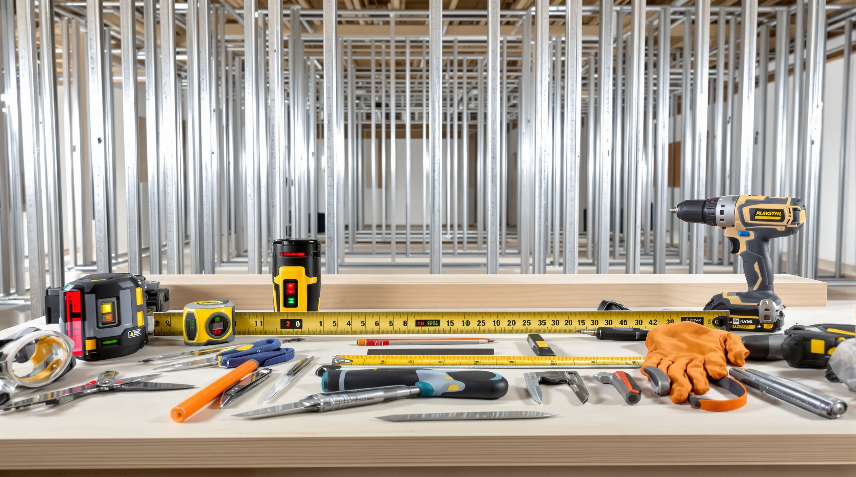 Outils indispensables plaquiste sur établi avec ossature placostil