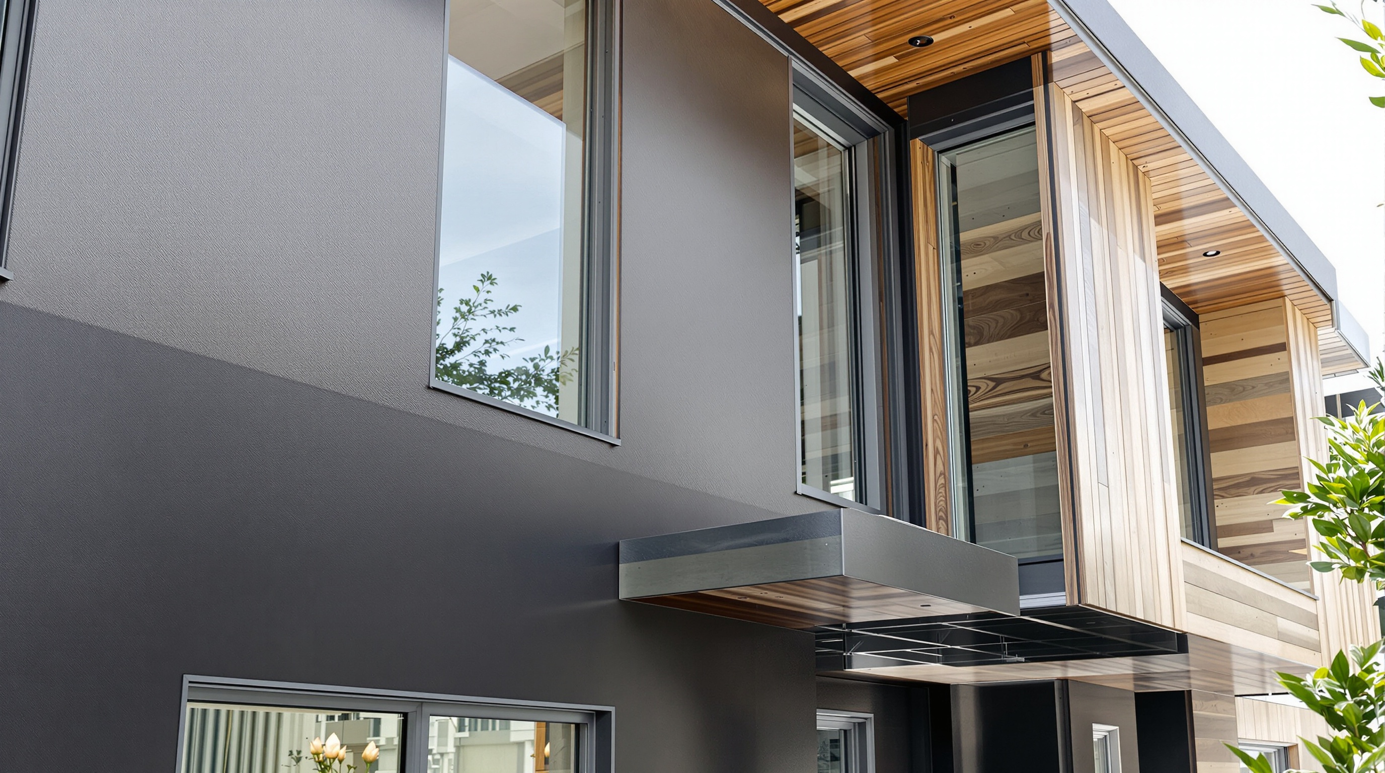 Façade moderne de maison combinant panneaux fibrociment lisses anthracite et texturés imitation bois