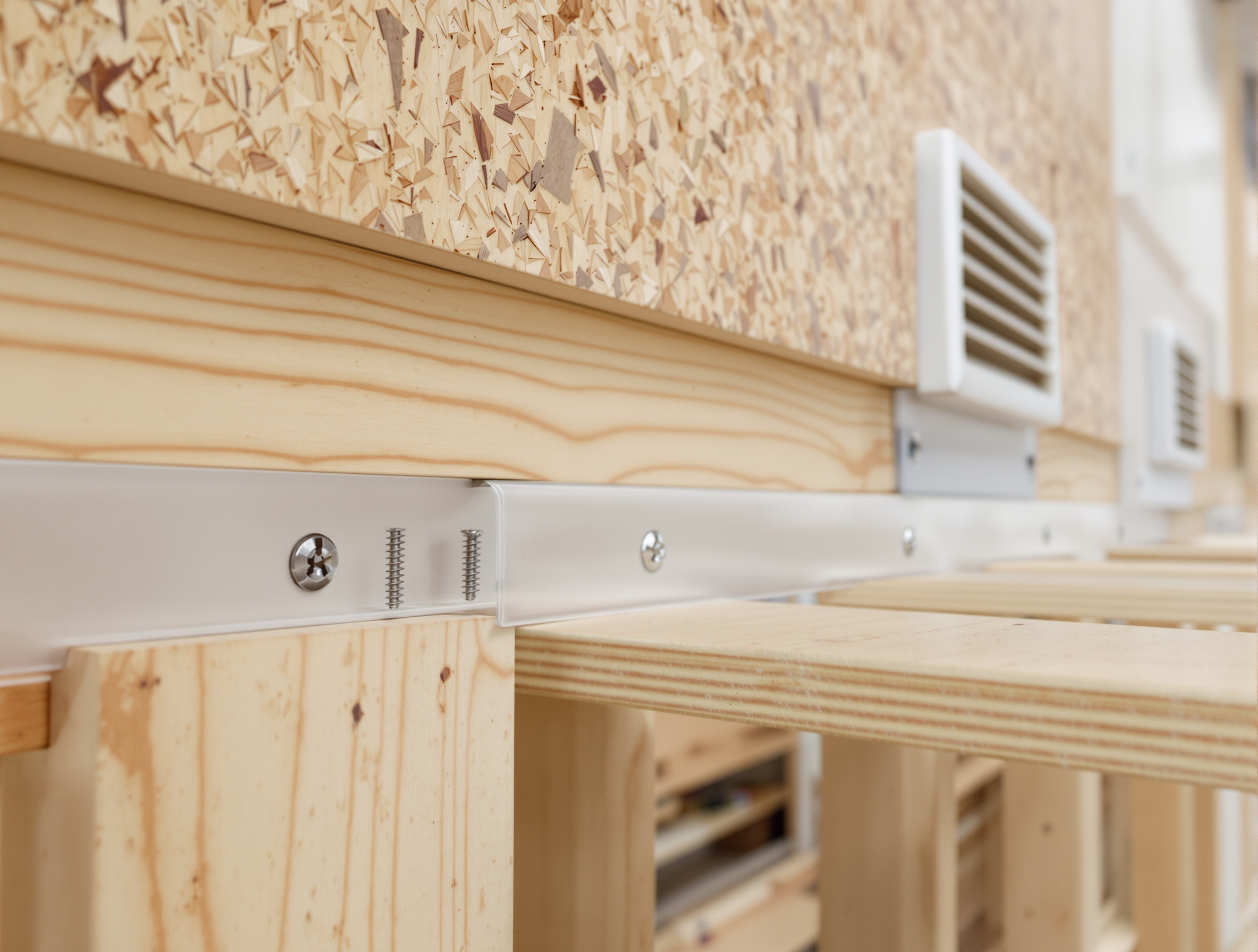 Fixation OSB extérieur avec ventilation : lame d’air visible derrière panneau.