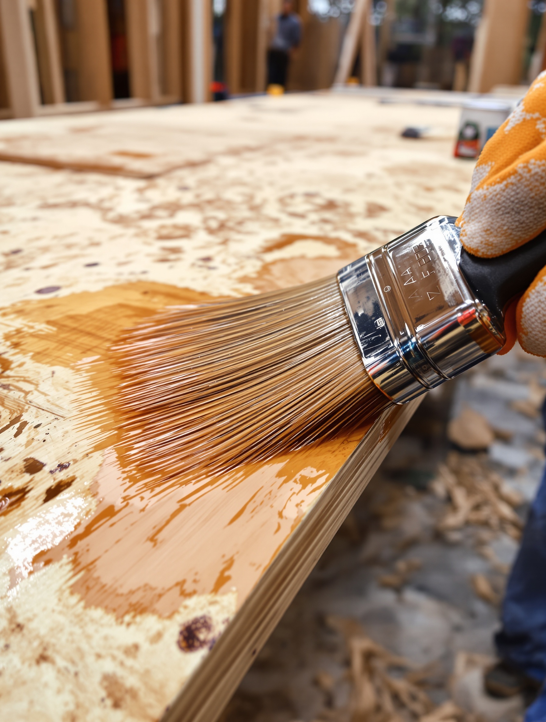 Application lasure sur OSB – gros plan sur imprégnation protectrice.