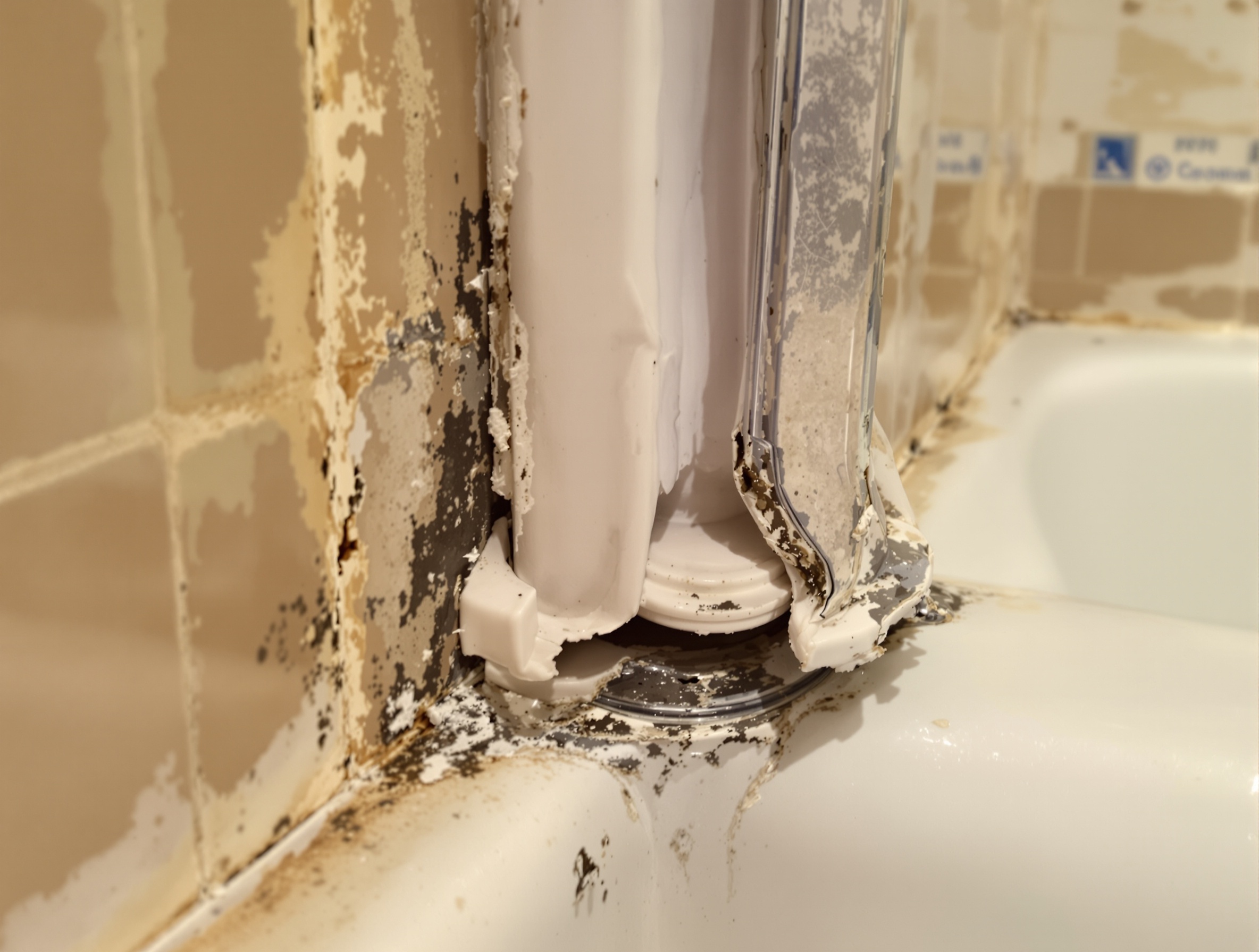 Gros plan sur un joint usé de porte de baignoire montrant la déformation et des traces d'humidité.