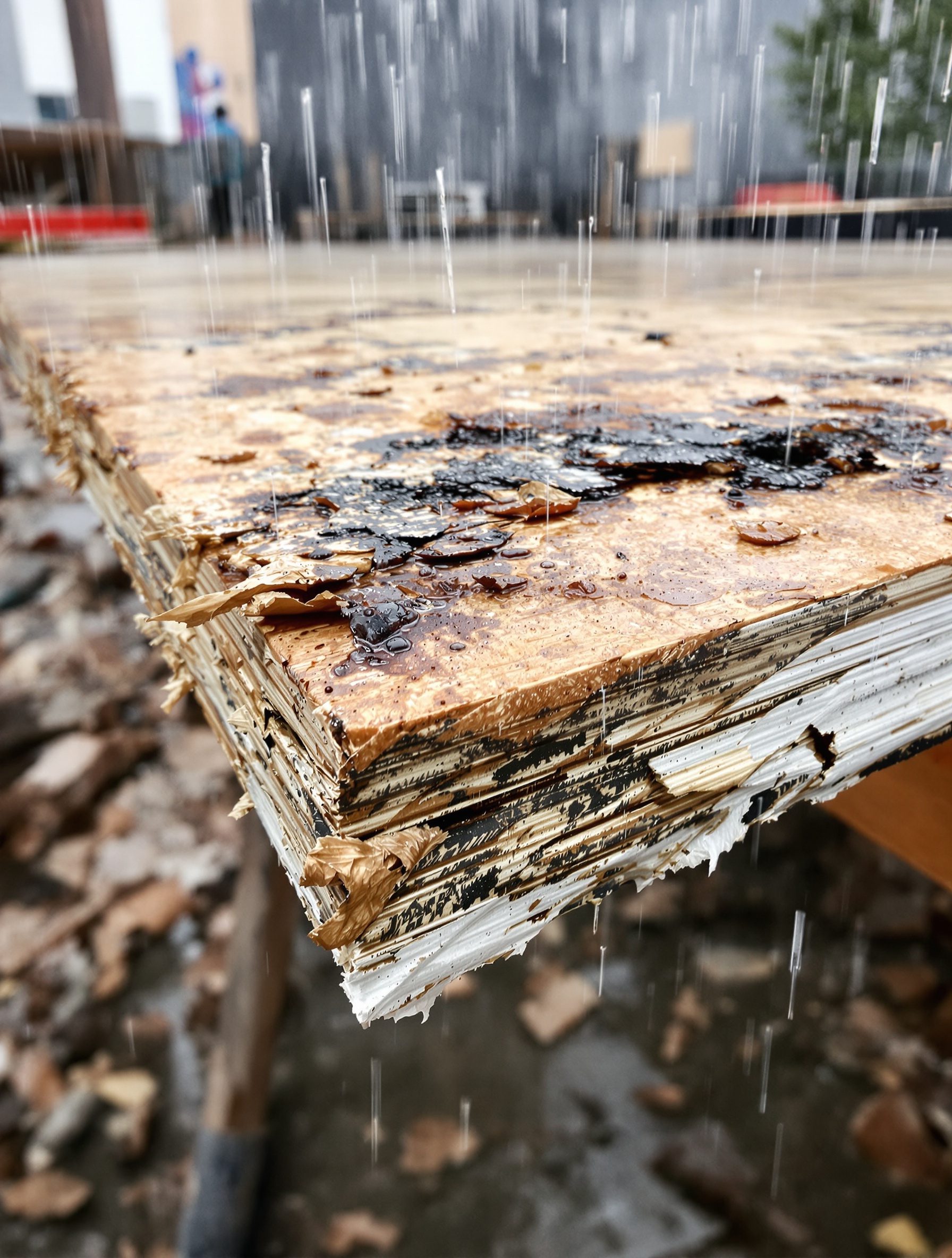 Gros plan OSB gonflé/délaminé/moisi après pluie – ambiance chantier abandonné sous la flotte.