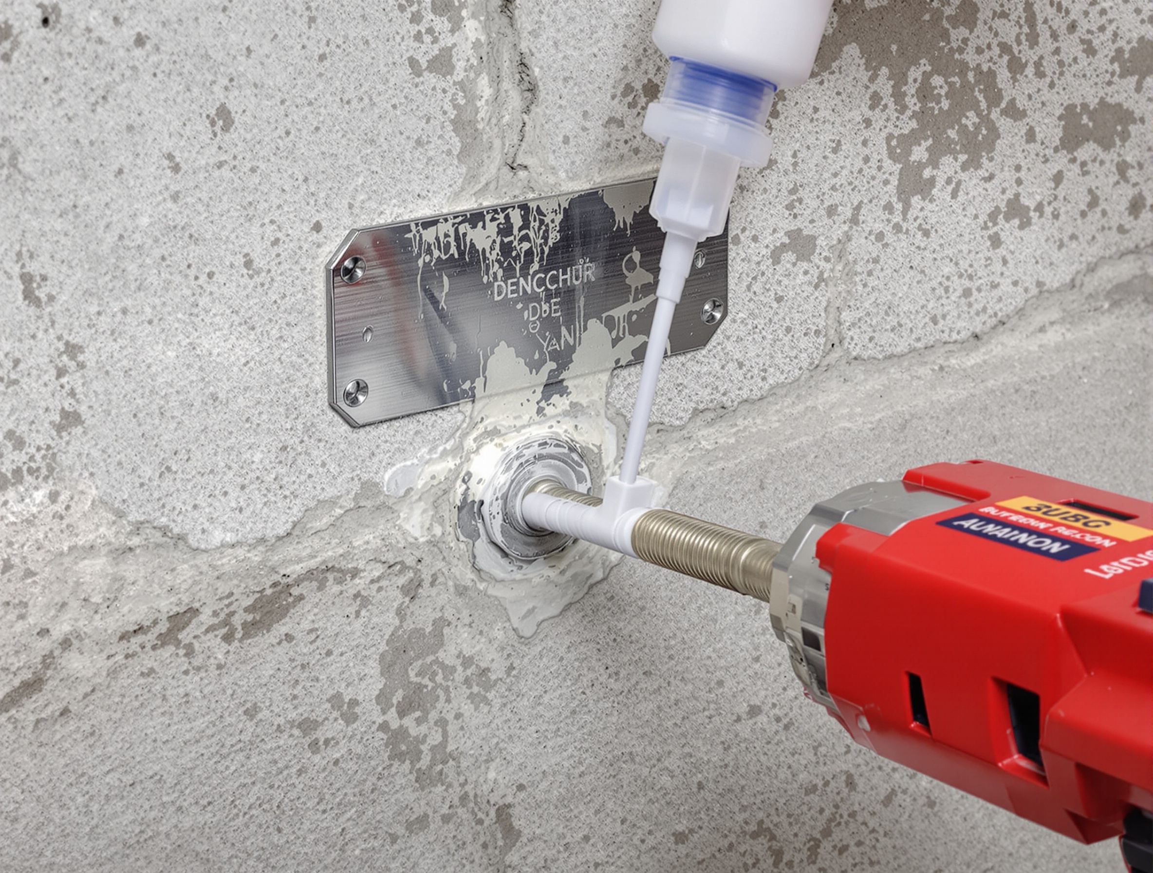 Gros plan sur la fixation professionnelle d'une platine de poteau sur un muret en béton, illustrant l'application du scellement chimique pour garantir une solidité maximale à la structure de la clôture composite.