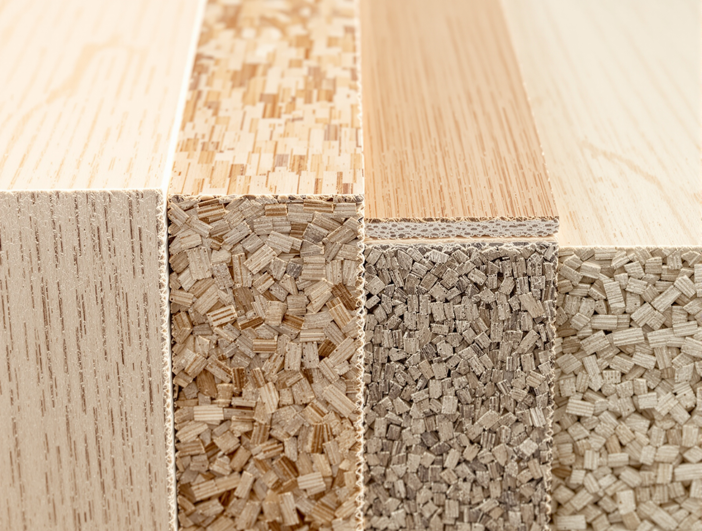 Tranche de quatre panneaux bois reconstitué : contreplaqué, OSB, MDF, aggloméré