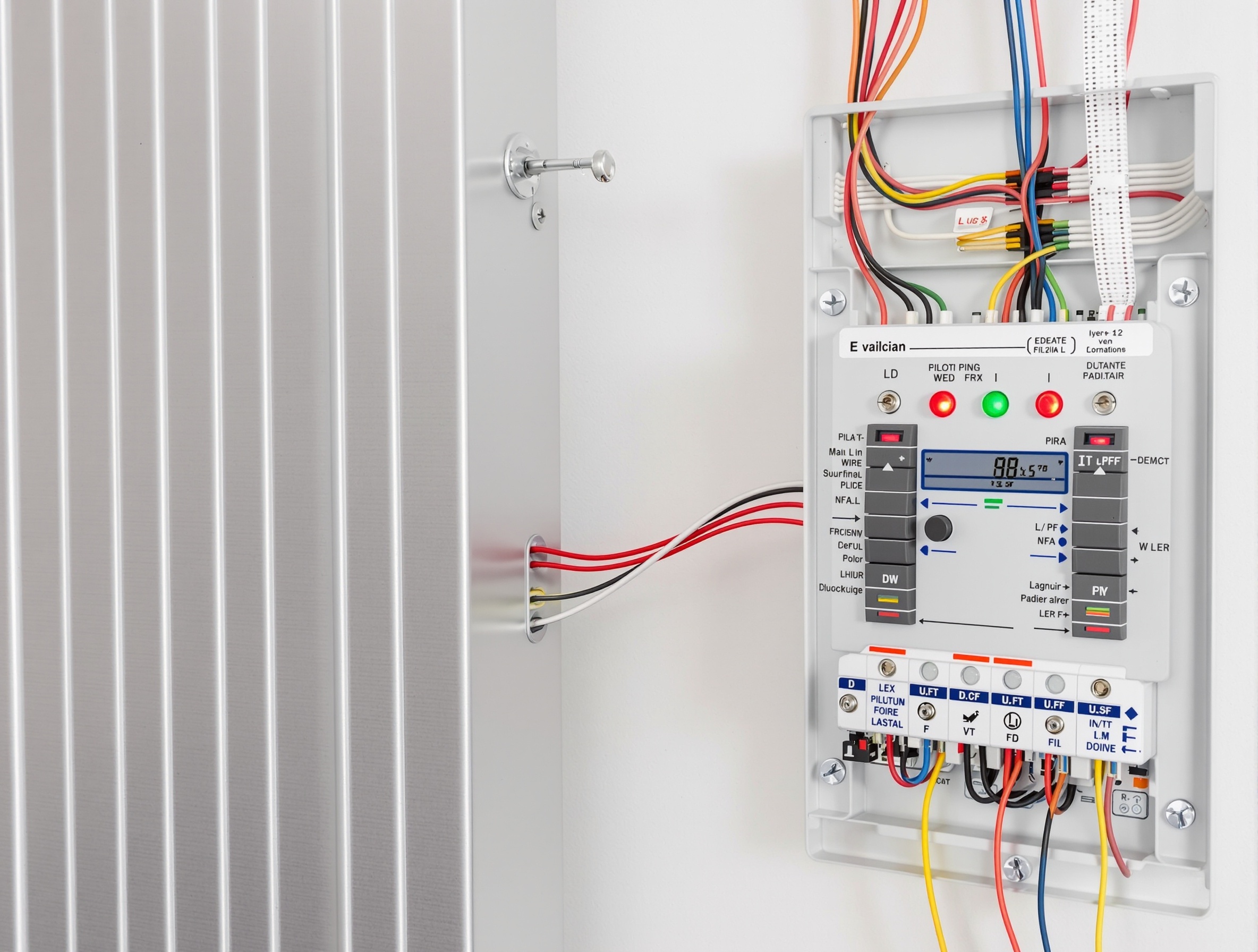 Photo détaillée d’une installation de radiateur à inertie, montrant le circuit dédié avec fil pilote et tableau électrique moderne.