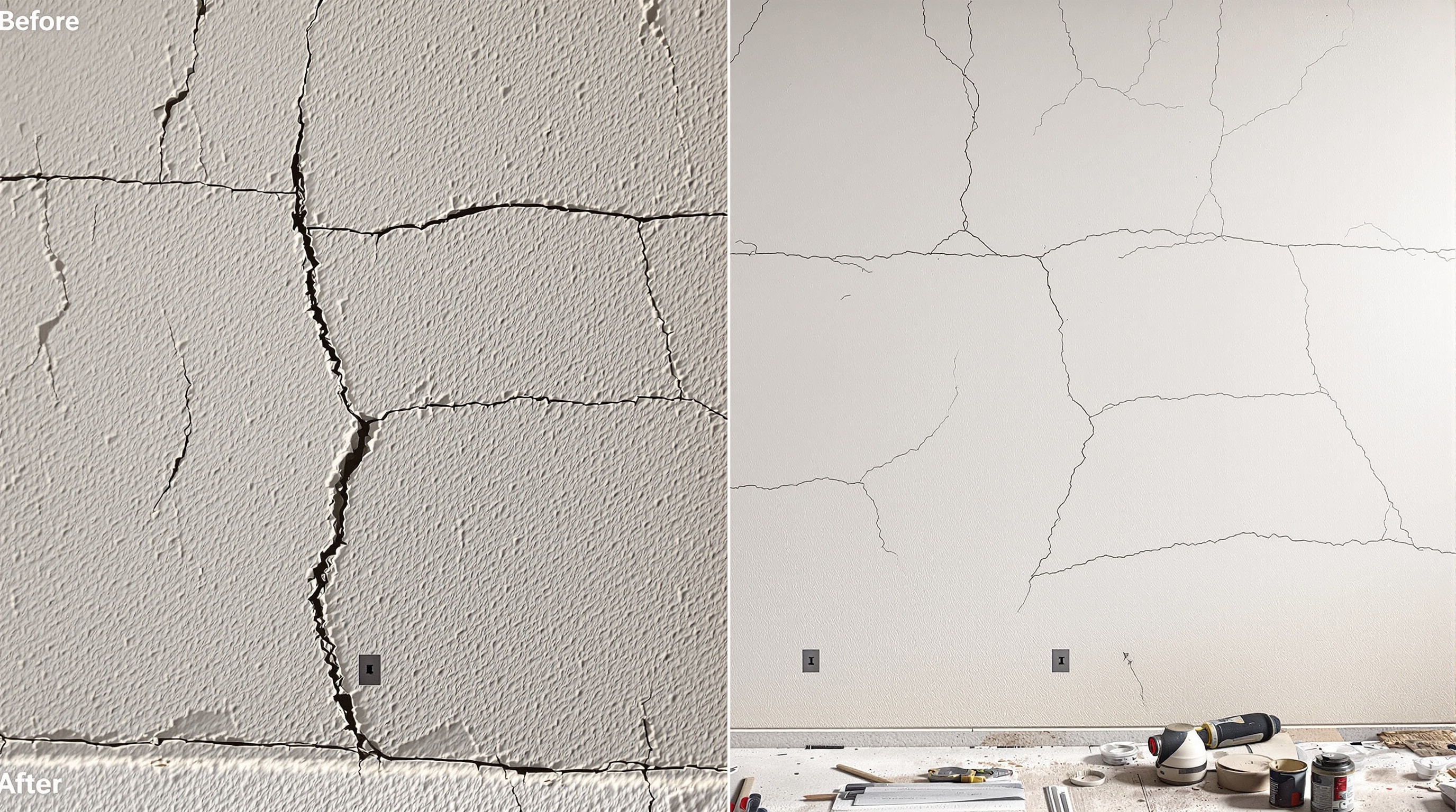Avant/après pose fibre de verre : mur fissuré puis parfaitement lissé