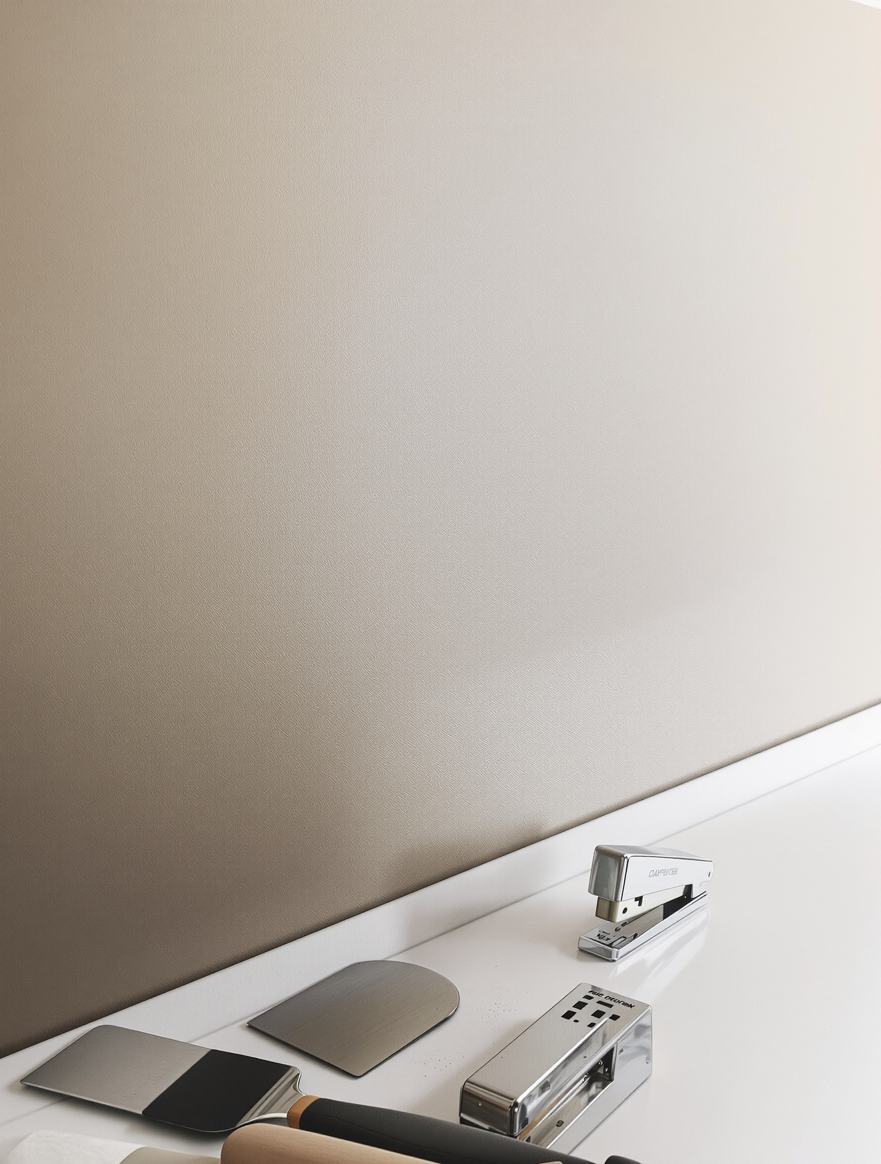 Mur tendu fini avec outils professionnels : spatule, agrafeuse, cutter.