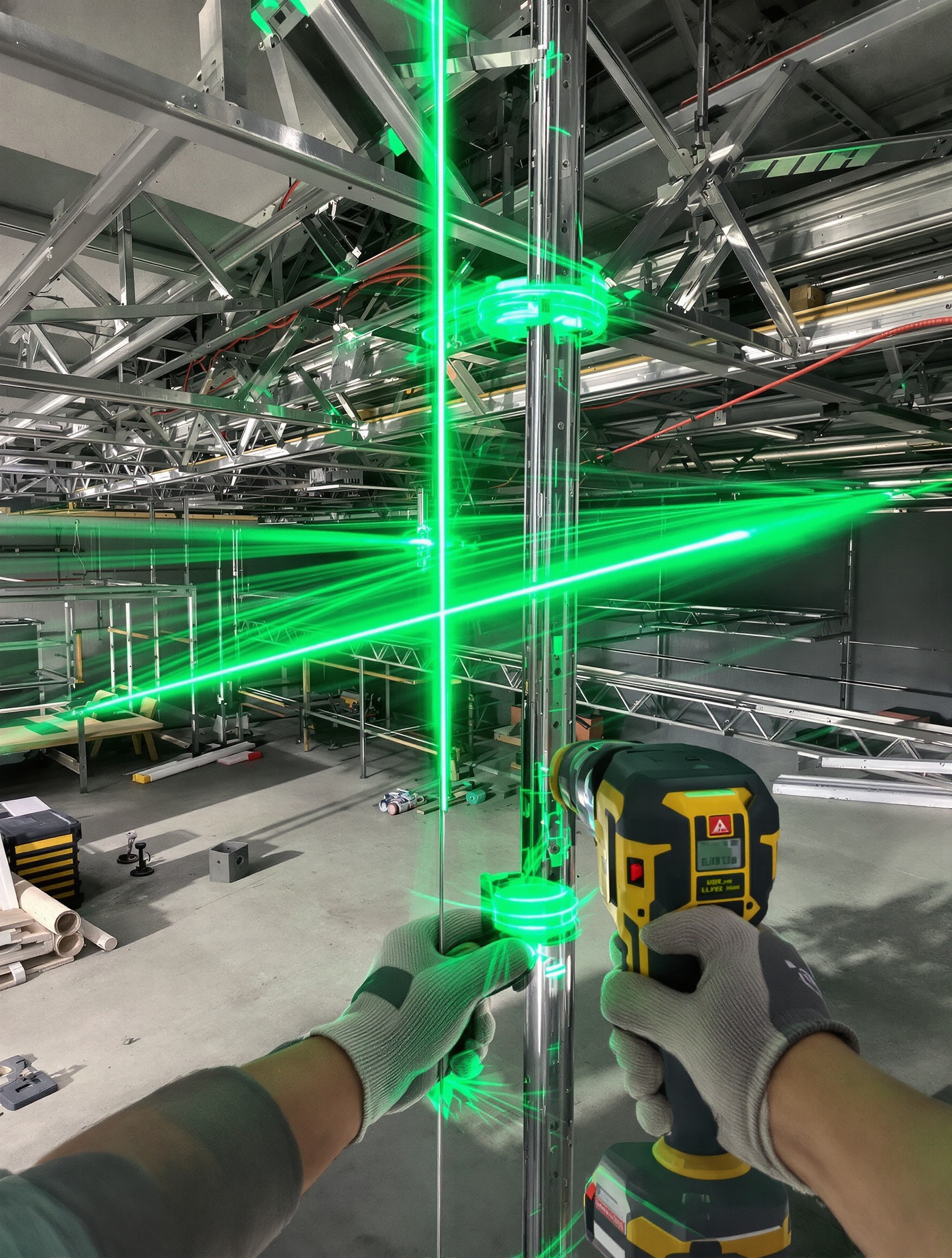Ossature placostil fixation des rails au sol et plafond avec niveau laser