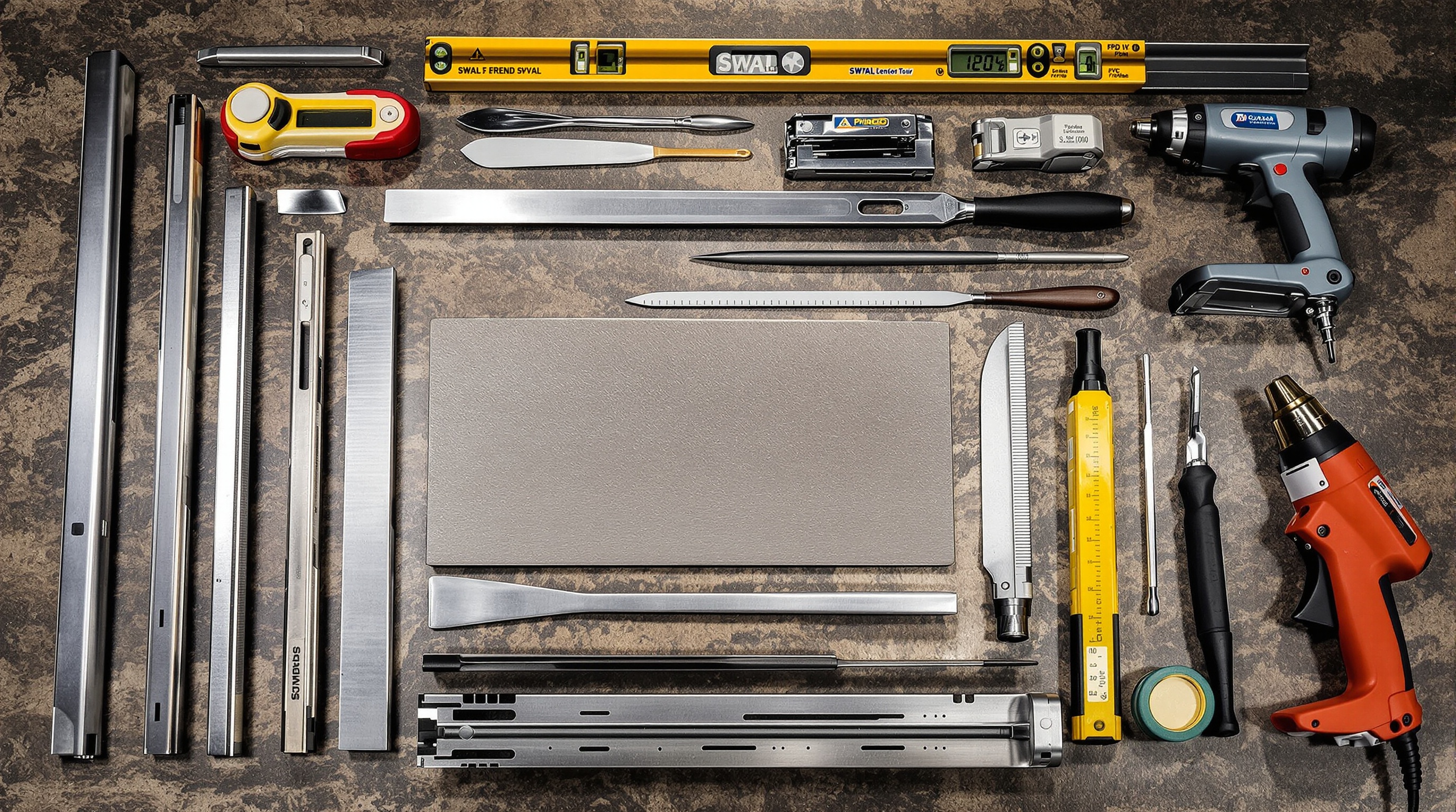 Outils essentiels pour la pose d'une toile tendue : profilés, spatules, agrafeuse, niveau.