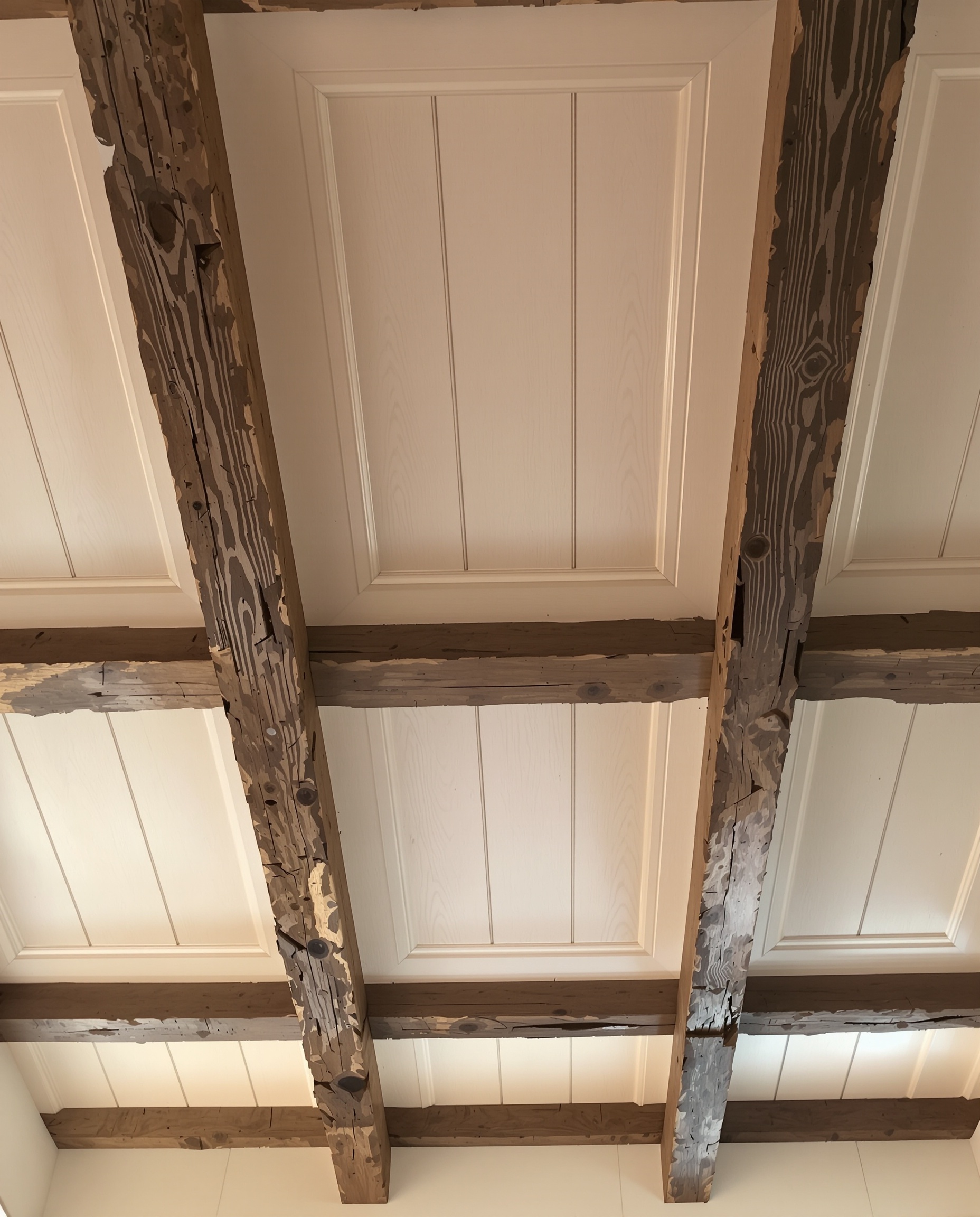 Plafond rénové habillé de lambris en bois clair entre poutres anciennes – ambiance chaleureuse