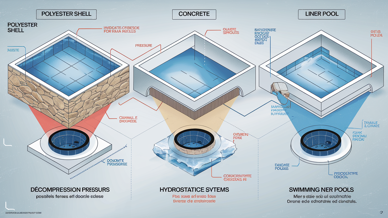 Plan en coupe d'un puits de décompression pour différents types de piscines