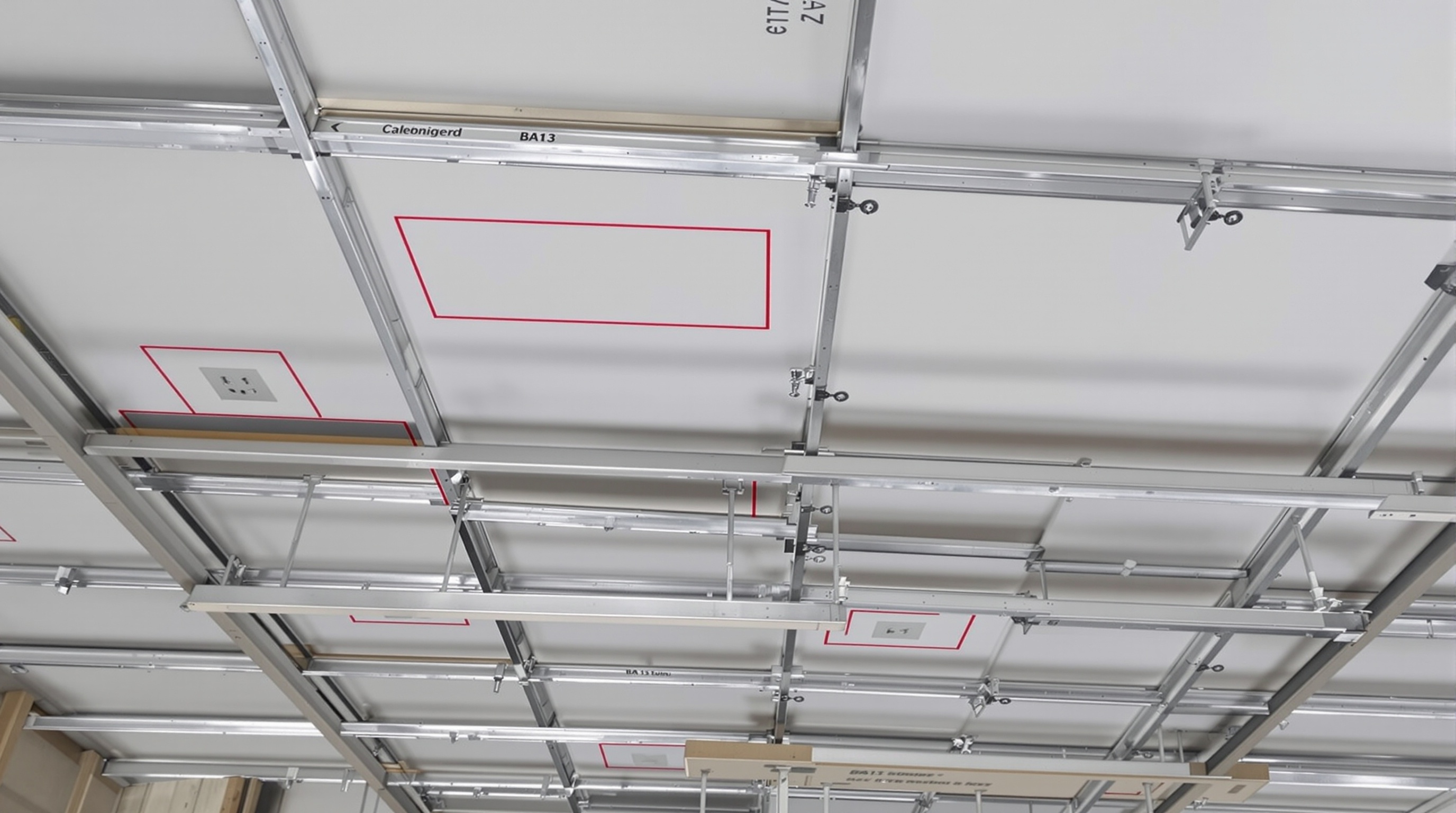 Calepinage plaques BA13 déco joints décalés prises électriques réservées chantier placostil