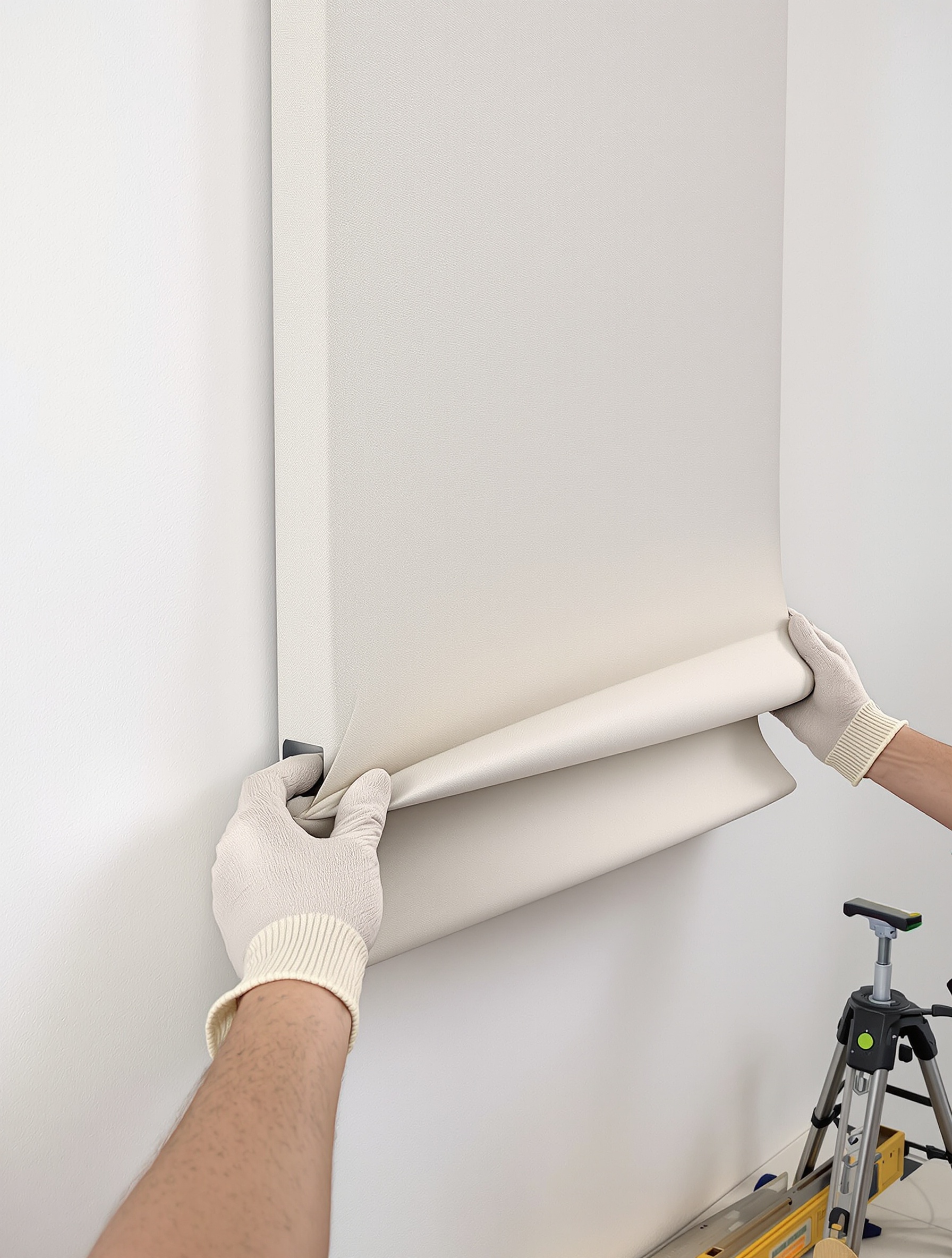 Déploiement précis d'une toile tendue sur un mur avec des outils professionnels.