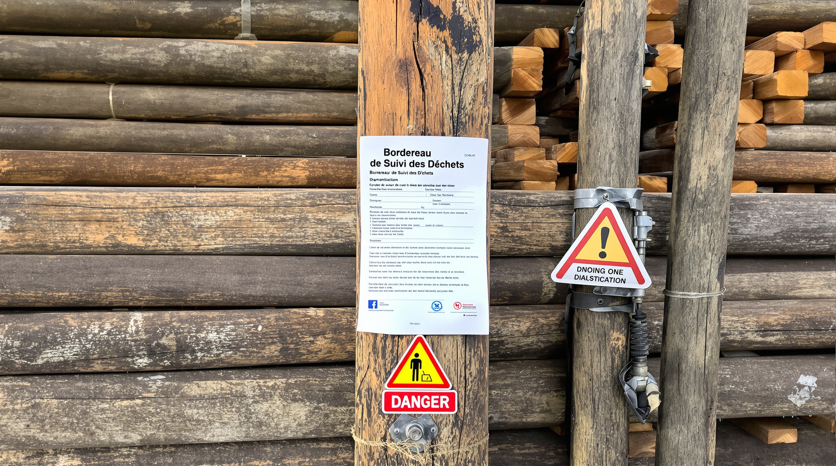 Poteaux électriques en bois retirés pour traitement réglementaire.