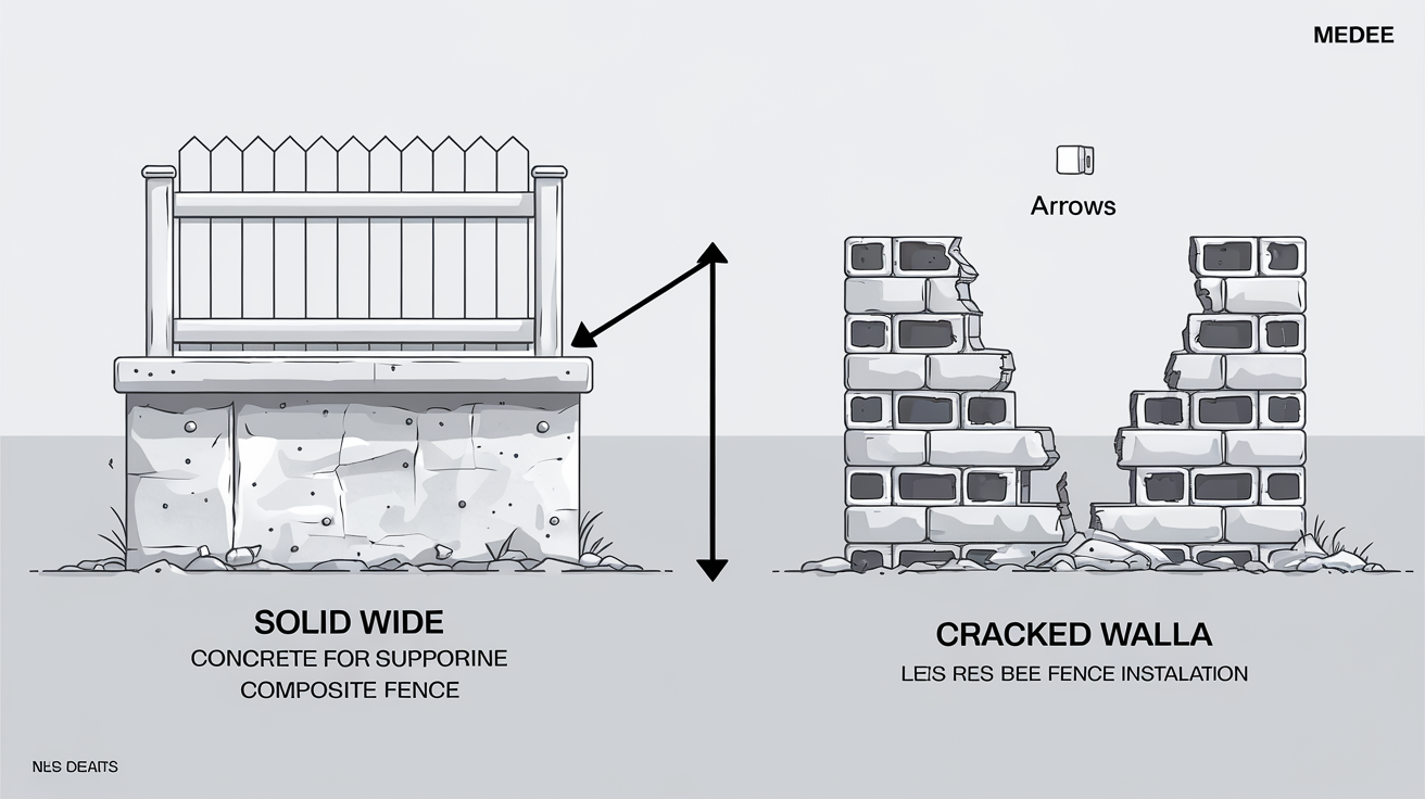 Schéma comparatif illustrant un muret apte à recevoir une clôture composite (solide, large, en béton) et un muret à risque (fissuré, étroit, en parpaings creux) pour souligner l'importance de la vérification structurelle.