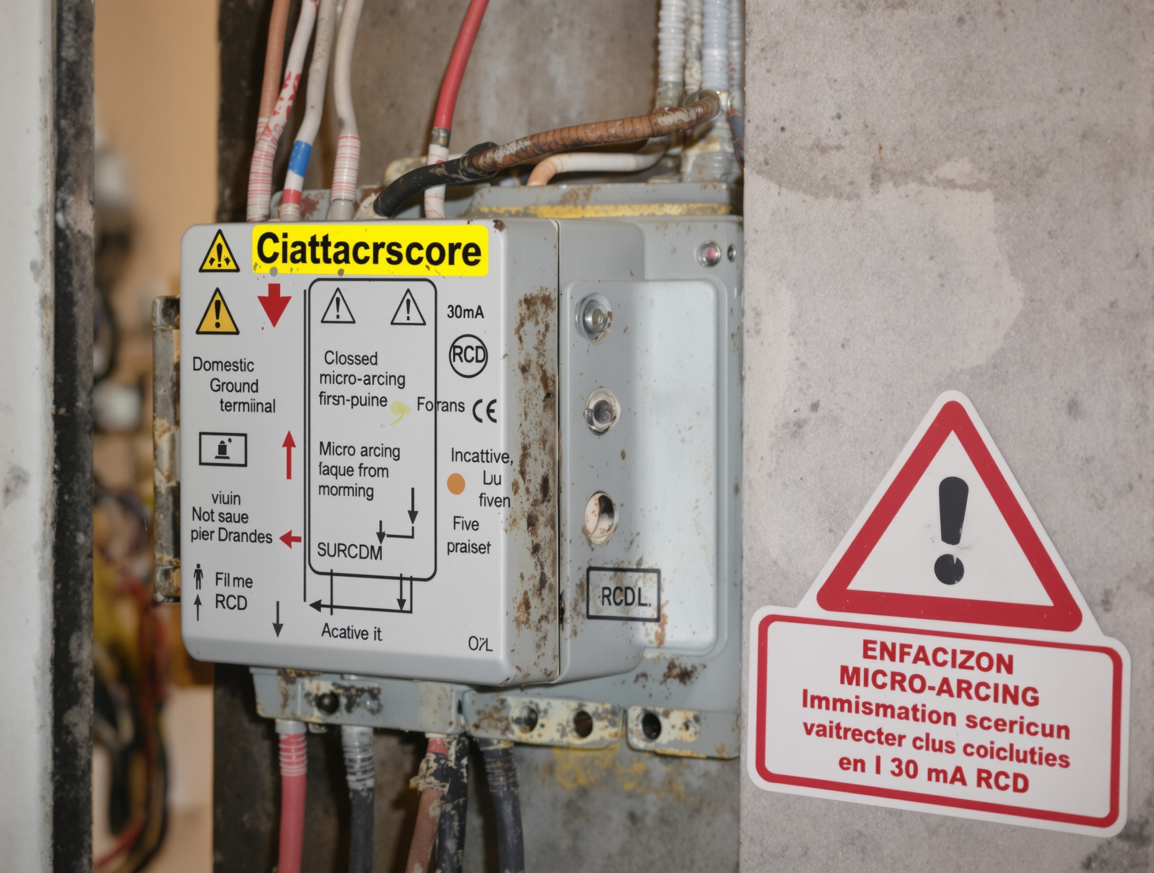 Tableau électrique domestique montrant un point chaud causé par des micro-arcs et un DDR 30 mA inactif
