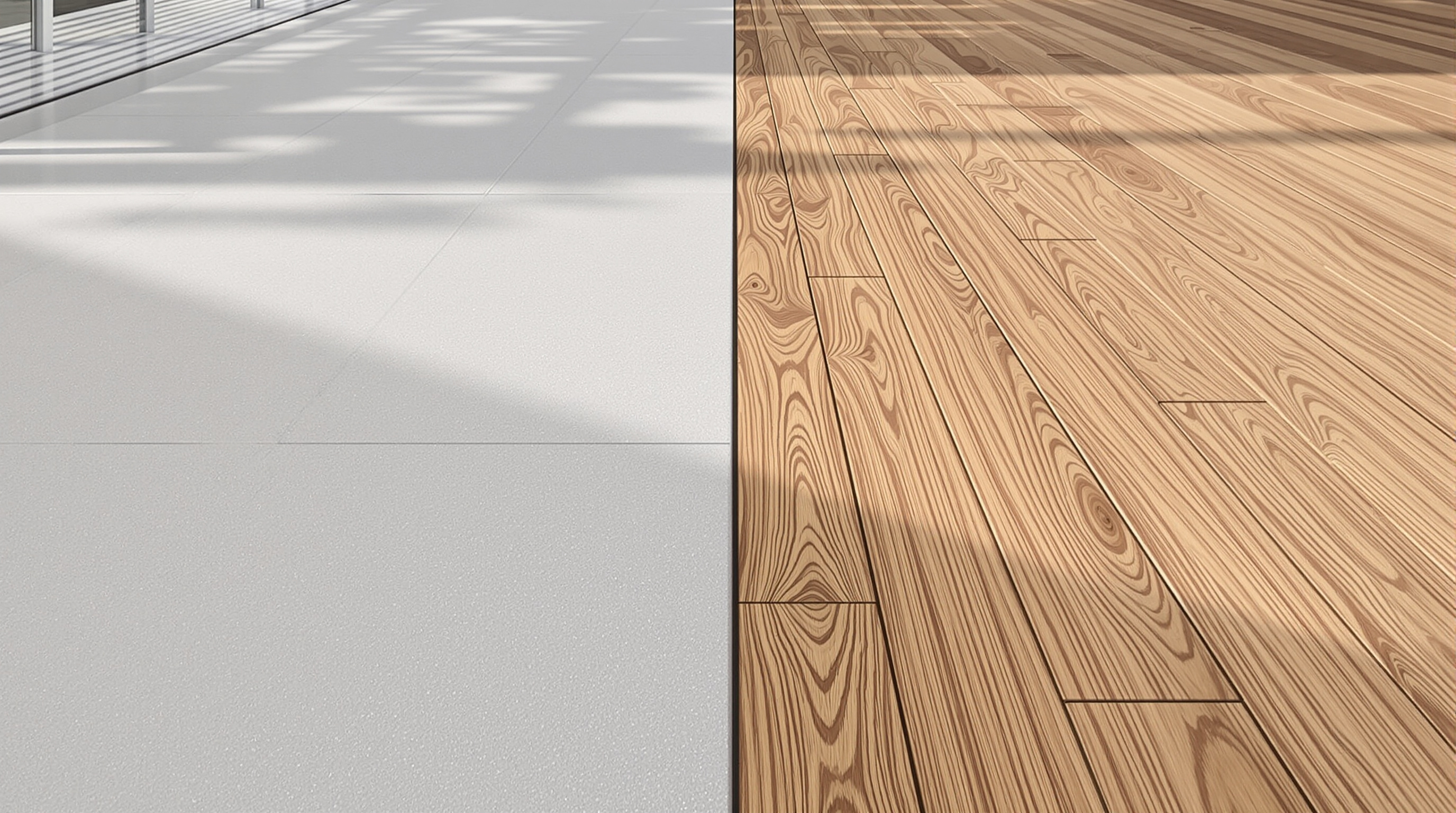 Terrasse avec moitié résine drainante gris clair et moitié lames de bois exotique, contraste design