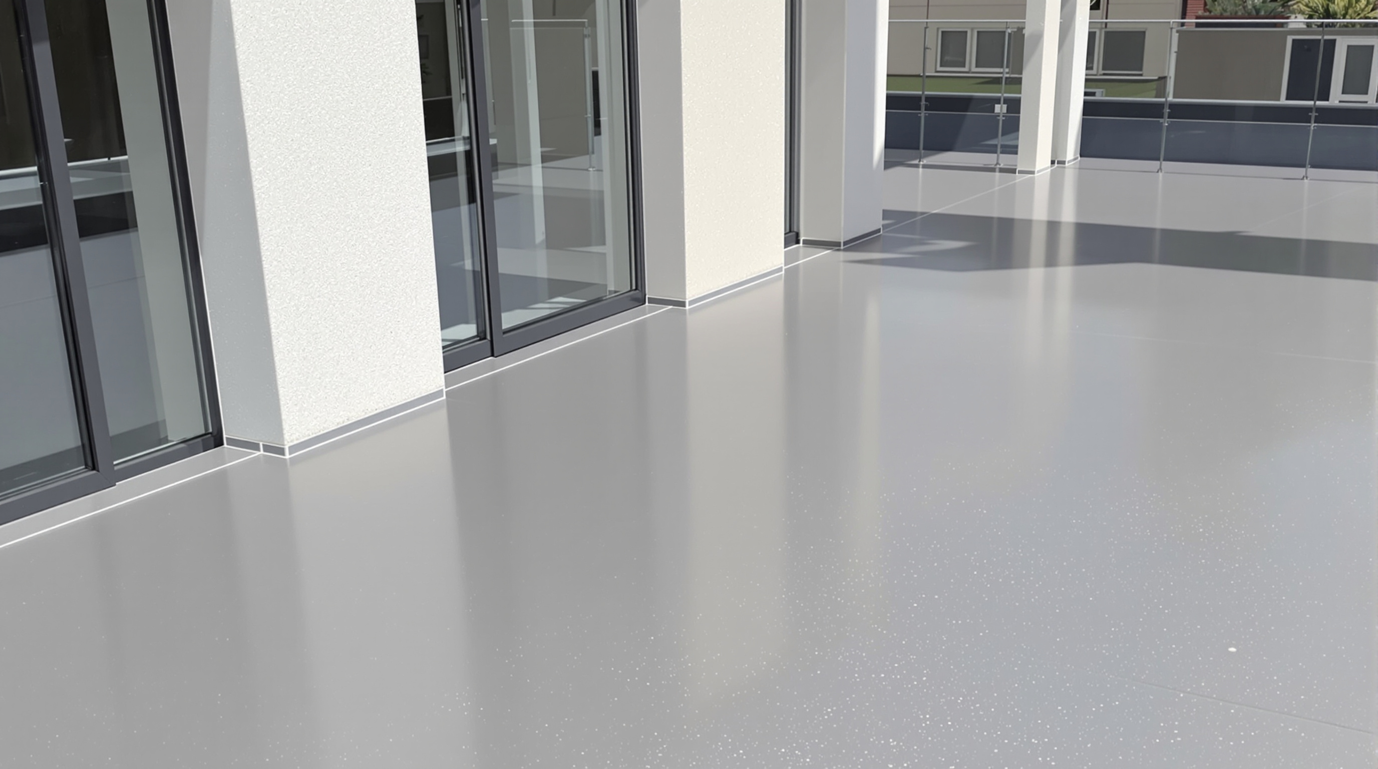 Terrasse moderne recouverte d'une résine polyuréthane grise, finition satinée parfaitement étanche.